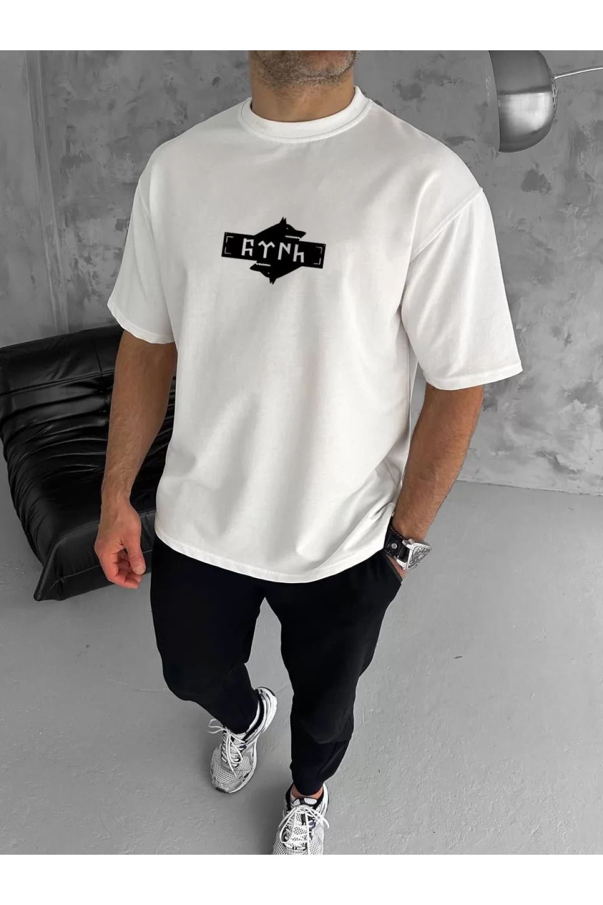 İndigo Park Gomerra Unisex Bisiklet Yaka Baskılı Double Oversize T-Shirt - Beyaz