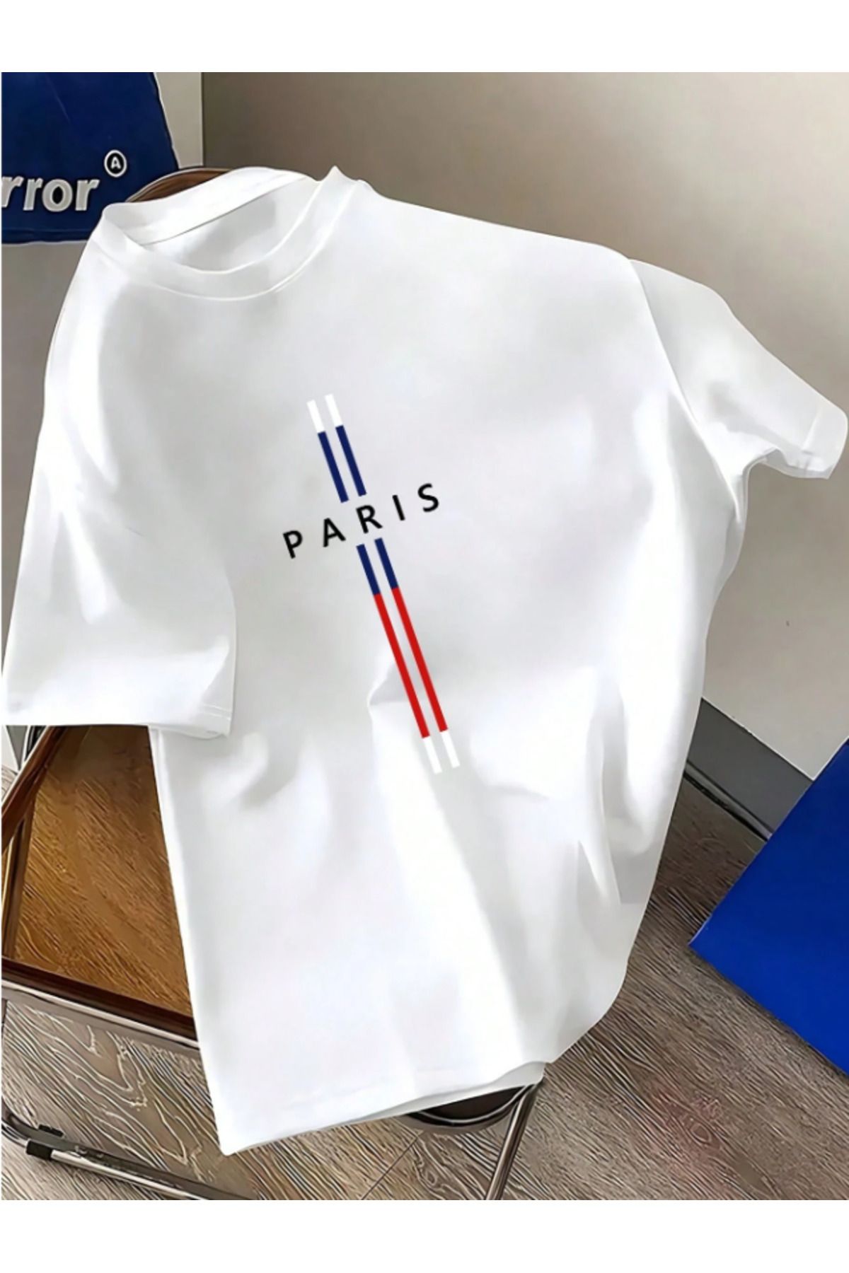 Framgan Erkek Paris Çizgi Baskılı Kısa Kollu Oversize Tişört