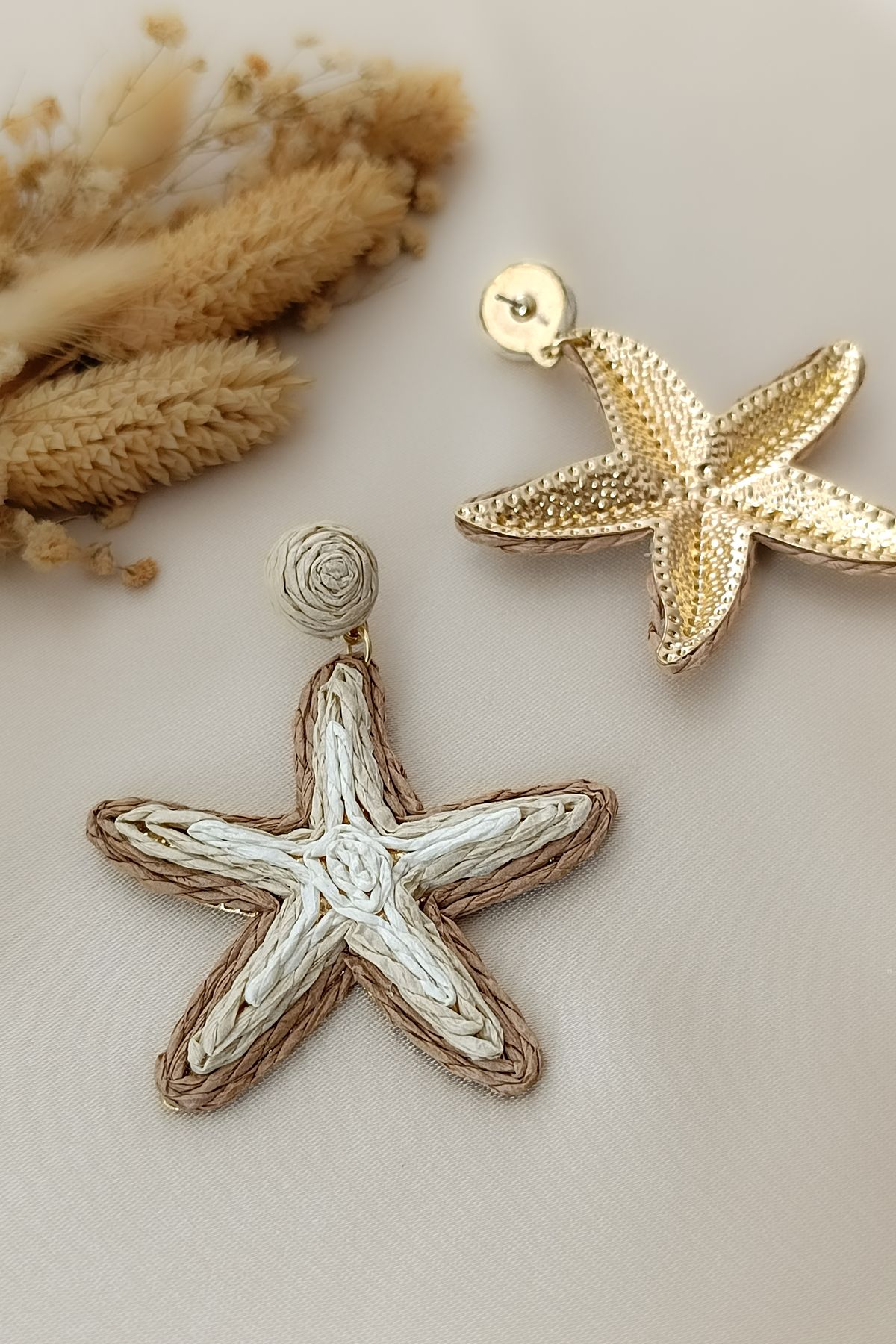 COSİTA-Starfish Large Size Coffee Cream Straw Earrings 4