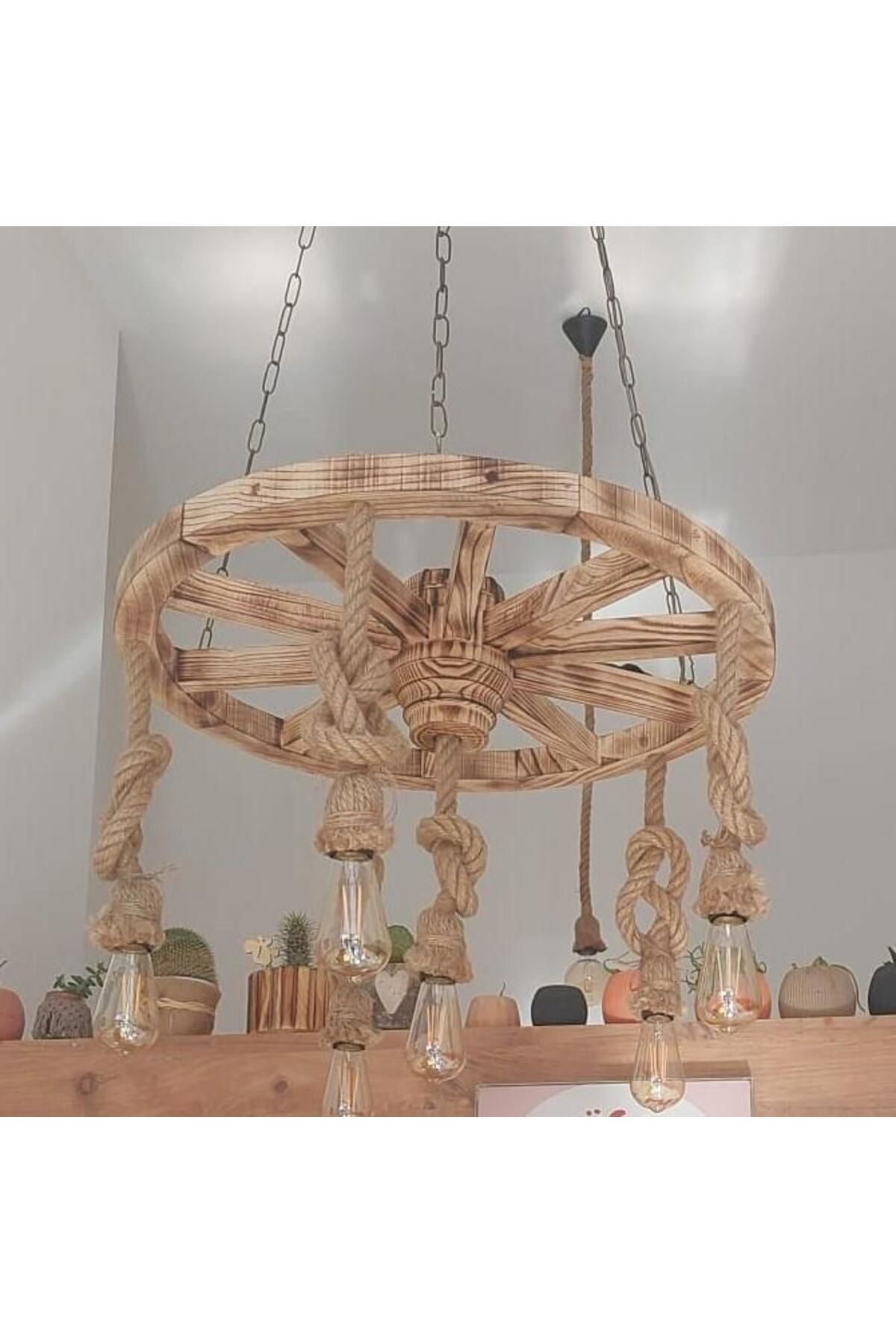 Otantik Çarşı Ahşap Teker Avize 70 Cm. 6'lı