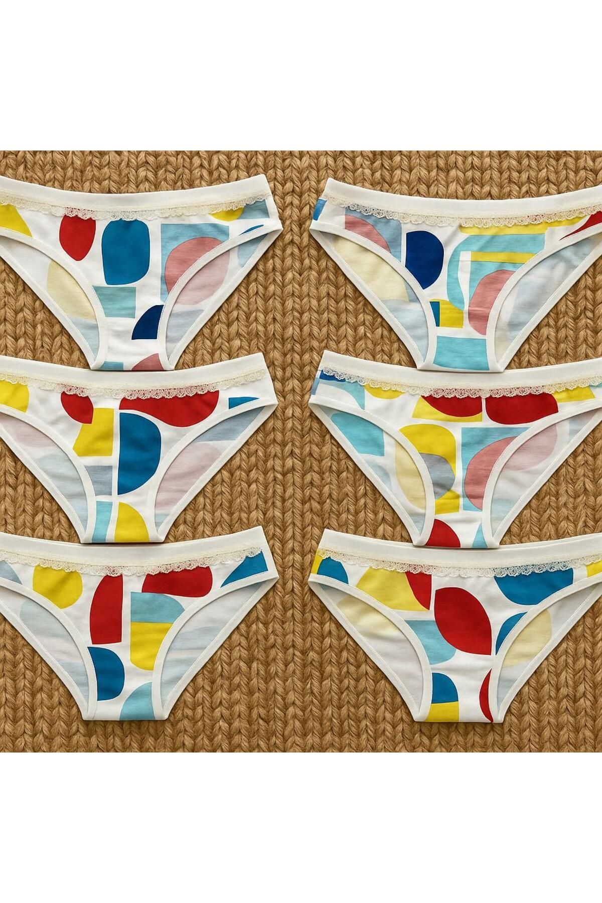 MODA 6'lı Renkli Geometrik Desenli Kadın Slip Külot Seti - Dantel Detaylı