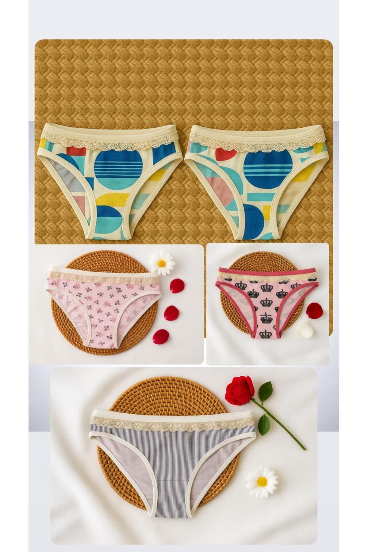 MODA 5'li Karışık Desenli Kadın Slip Külot Seti – Renkli & Dantel Detaylı
