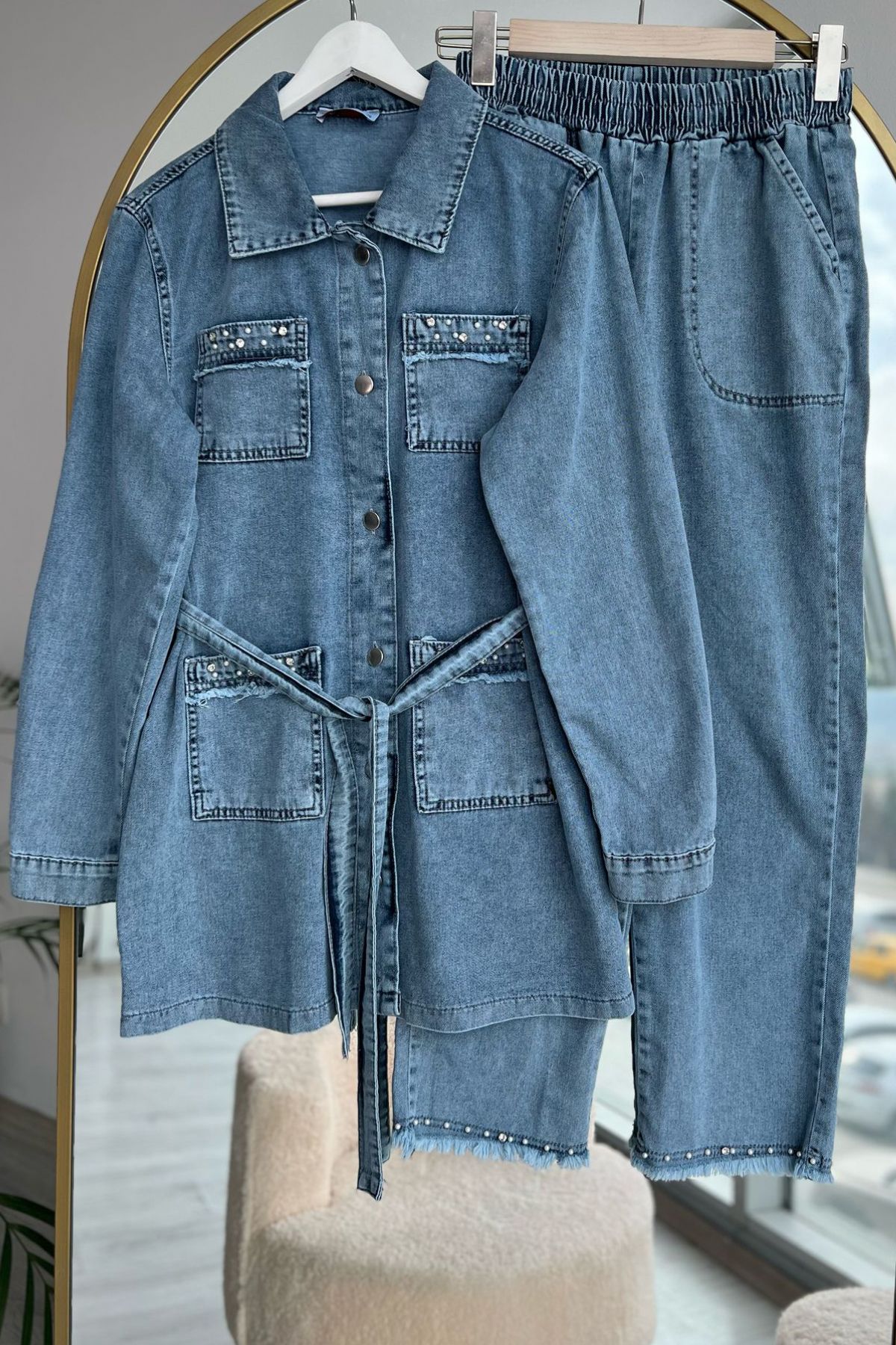 Kirazca Butik Kadın Kot İnci İşlemeli Taşlı Ceket Pantolon Takım