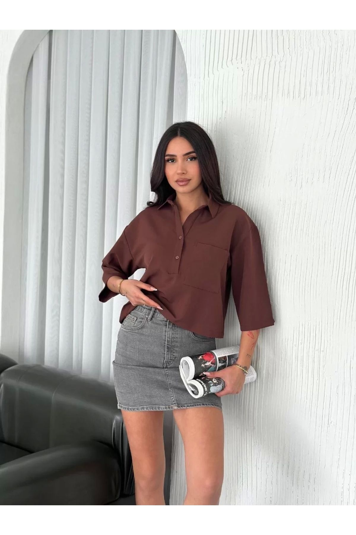 noyo giyim Kadın Crop Yakalı Gömlek Üç Çeyrek Sleeve Kol - Kahverengi