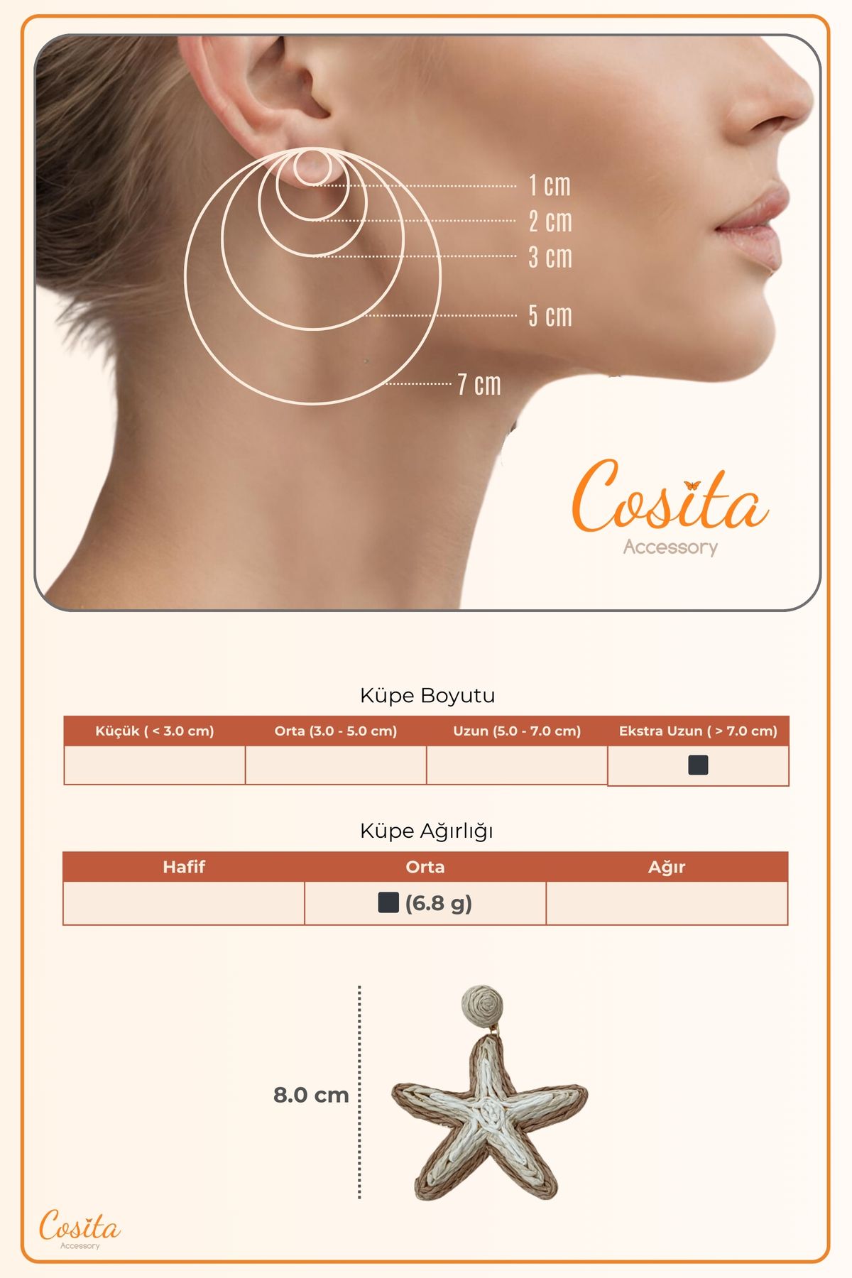 COSİTA-Starfish Large Size Coffee Cream Straw Earrings 8