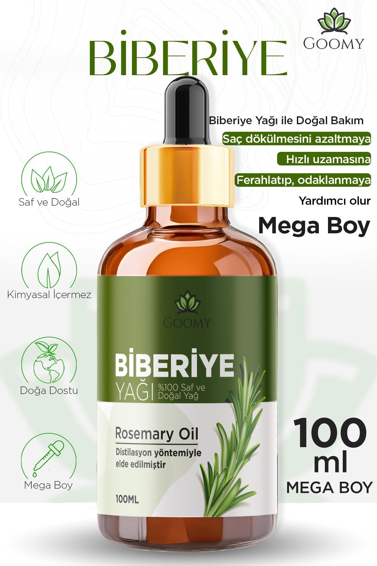 GOOMY Biberiye Yağı Distilasyon %100 Doğal Bitkisel Uçucu Yağ Rosemary Oil 100ml