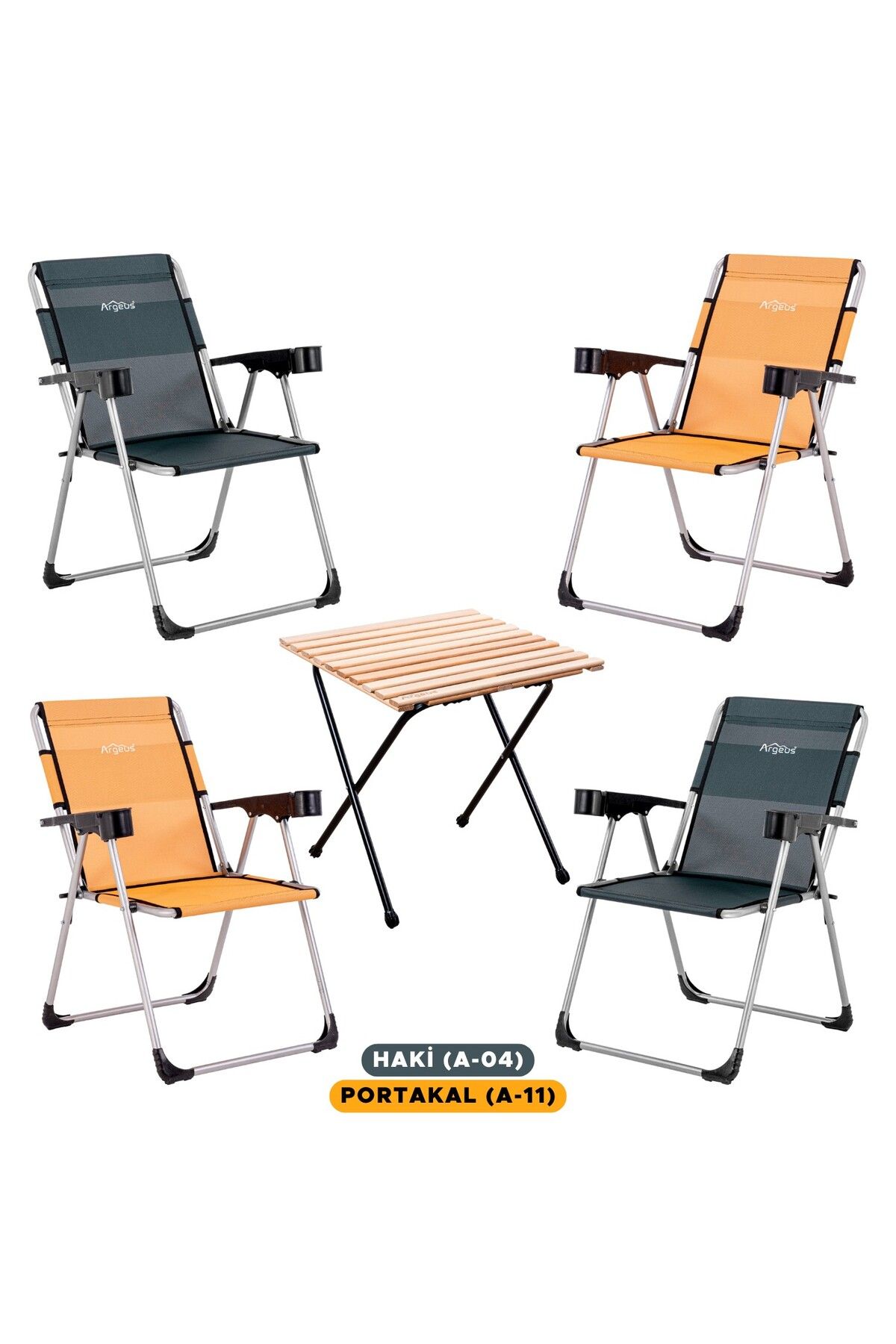 ARGEUS 4 Adet Katlanır Kamp Sandalyesi Ve Masa Seti - Rock - Haki / Portakal - Bardaklıklı - 140 Kg