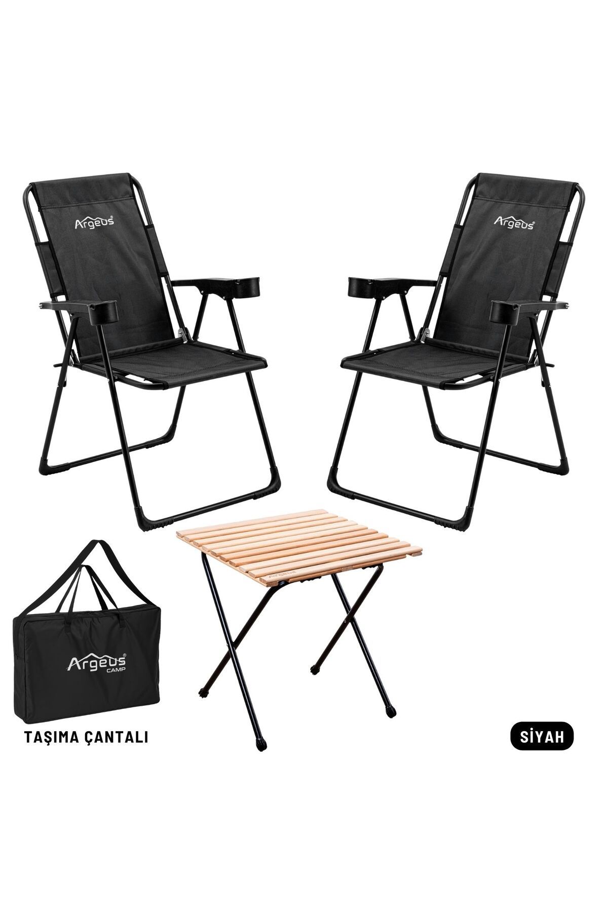 ARGEUS 2 Adet Katlanır Kamp Sandalyesi ve Masa Seti - Rest - Taşıma Çantalı - Siyah - 130 KG Taşıma