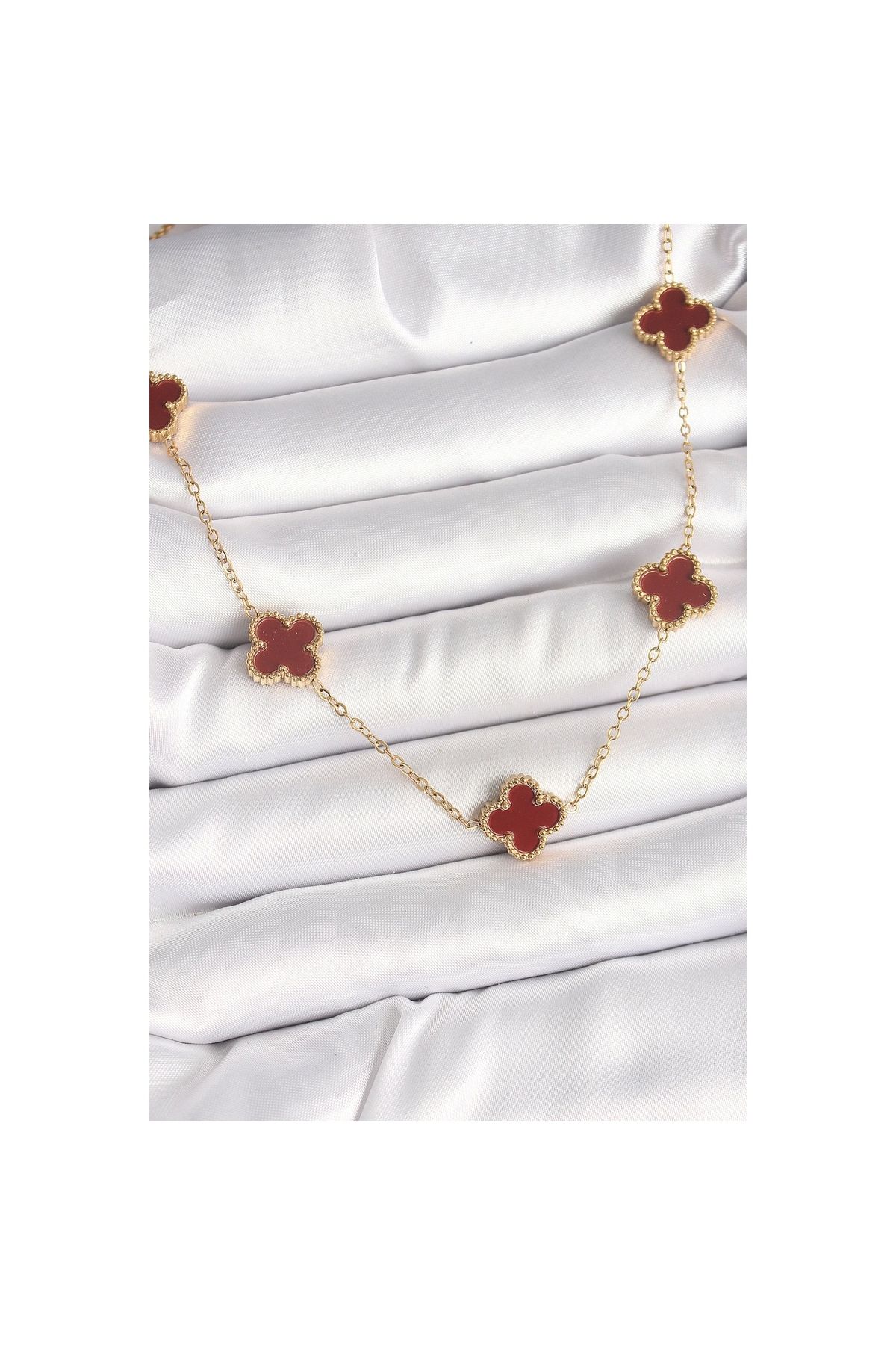 Marsilyan 316L Çelik Gold Renk Zincir Bordo Yonca Model Kadın Kolye - TJ-BKO9926