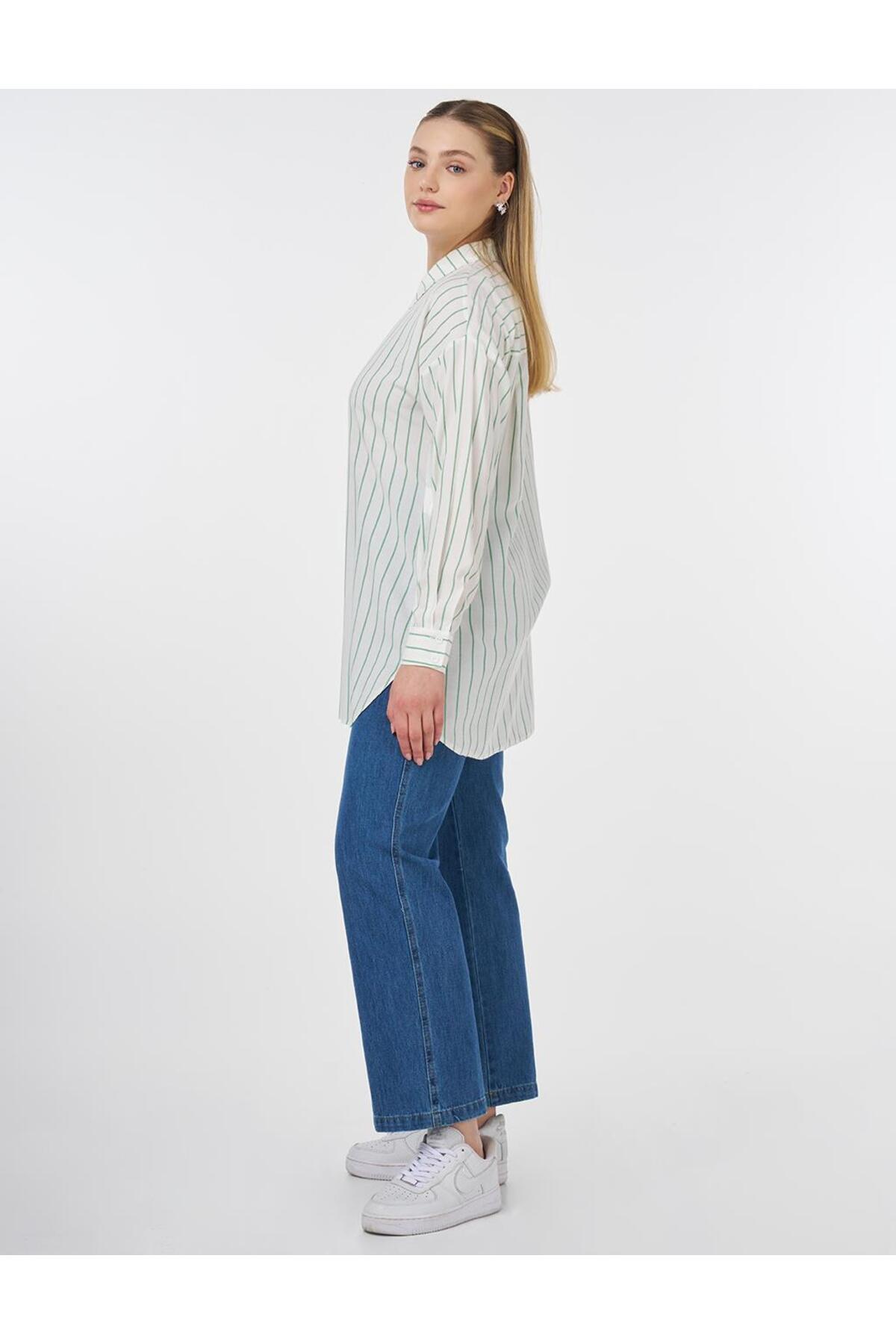 Kayra-Stripe Pattern Viscose Tunic Ecru 4
