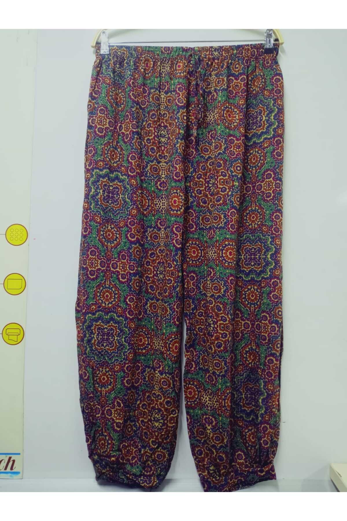 hoaryage Paçası Manşetli Viskon Pantolon, Beli Lastikli, Desenli %100 Pamuk, Battal Boy