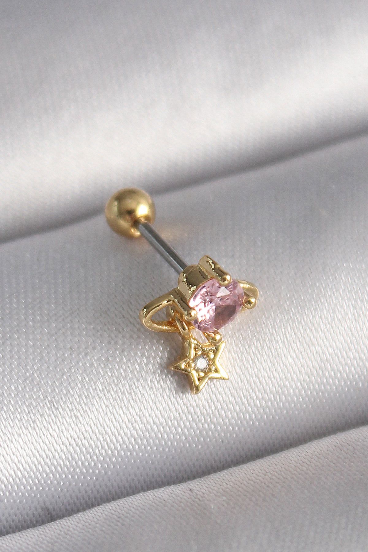 robotrend 316L Çelik Gold Renk Pembe Zirkon Taşlı Sallantı Detay Tragus Piercing