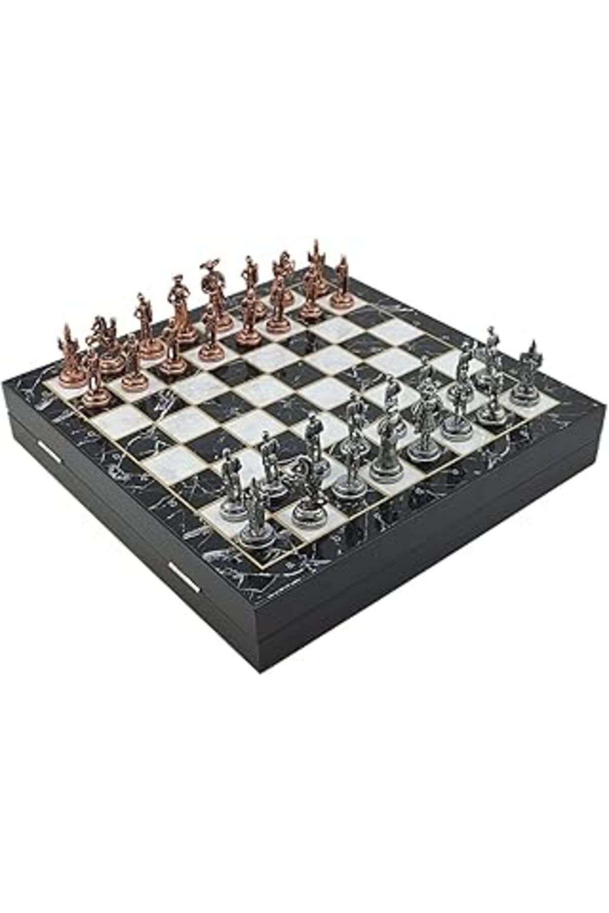 DENİZBİLİŞİM Gifthome Orta Boy Metal İspanyol Satranç Takımı Antik Ve Mermer Desenli Sandıklı Mdf Tahtası (36X36