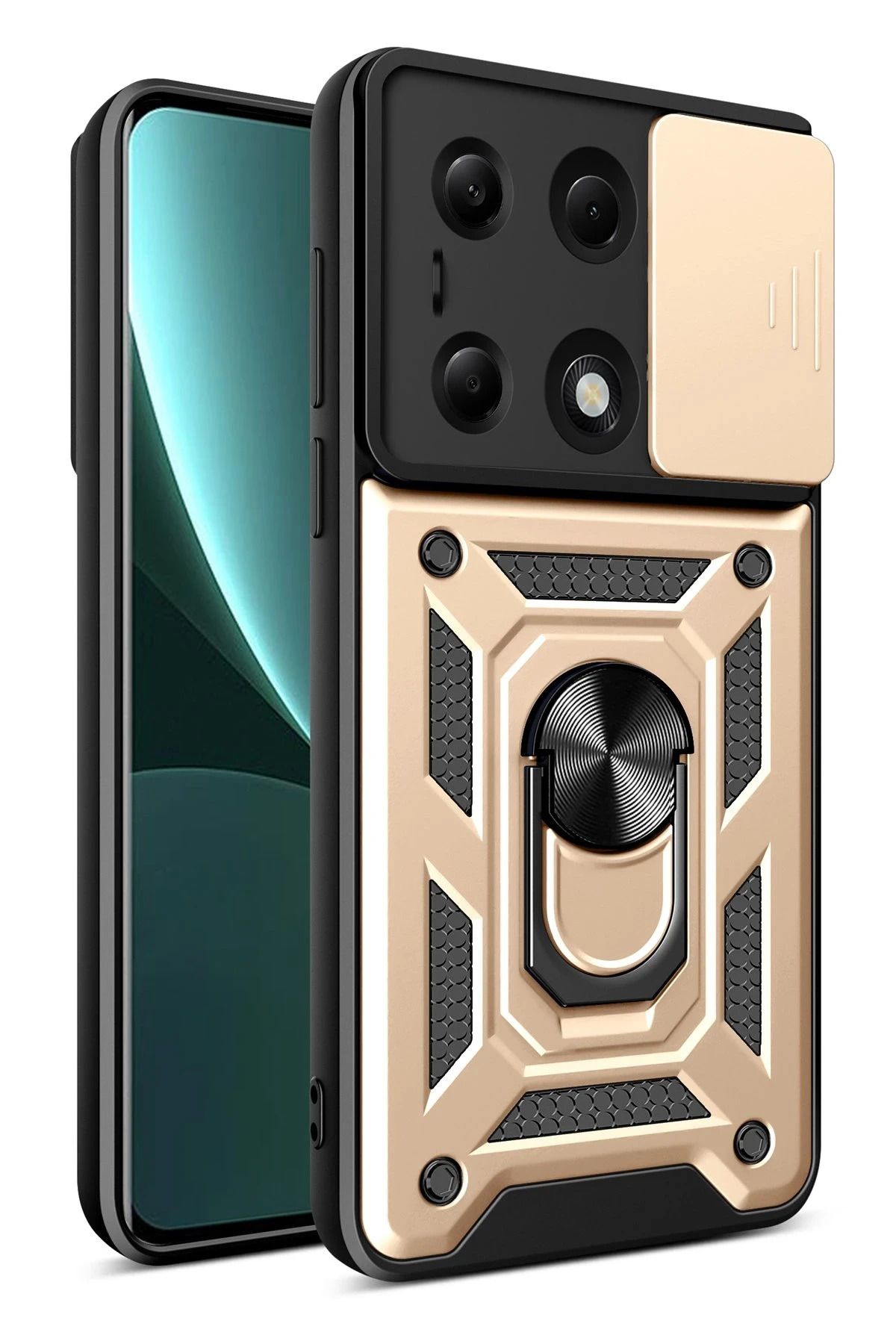 NewFace Xiaomi Poco M6 Pro 4G Kılıf Pars Lens Yüzüklü Silikon - Gold YNSMR