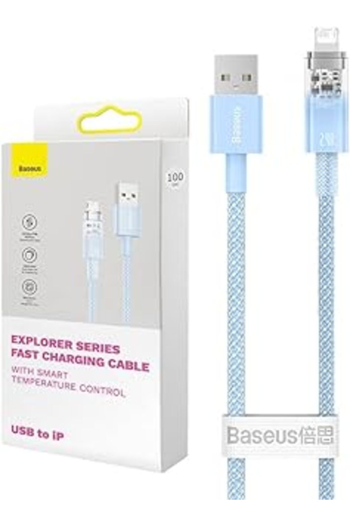 Pazarcan Explorer Serisi Hızlı Şarj Kablosu Akıllı Sıcaklık Kontrolü Usb To Ip 2.4A, 2M, Mavi