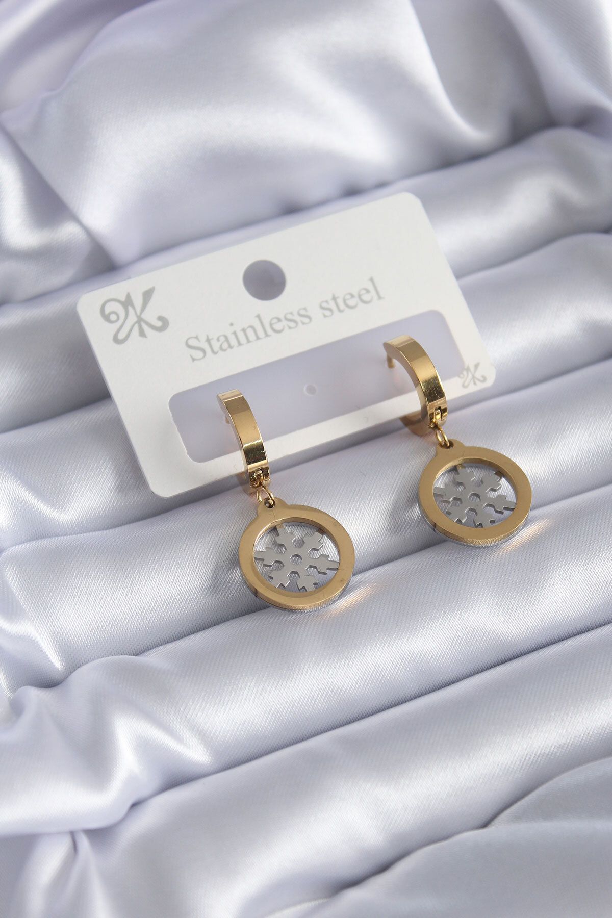 BZK ACCESSORİES 316L Çelik Gold Renk Kar Tanesi Model Kadın Küpe