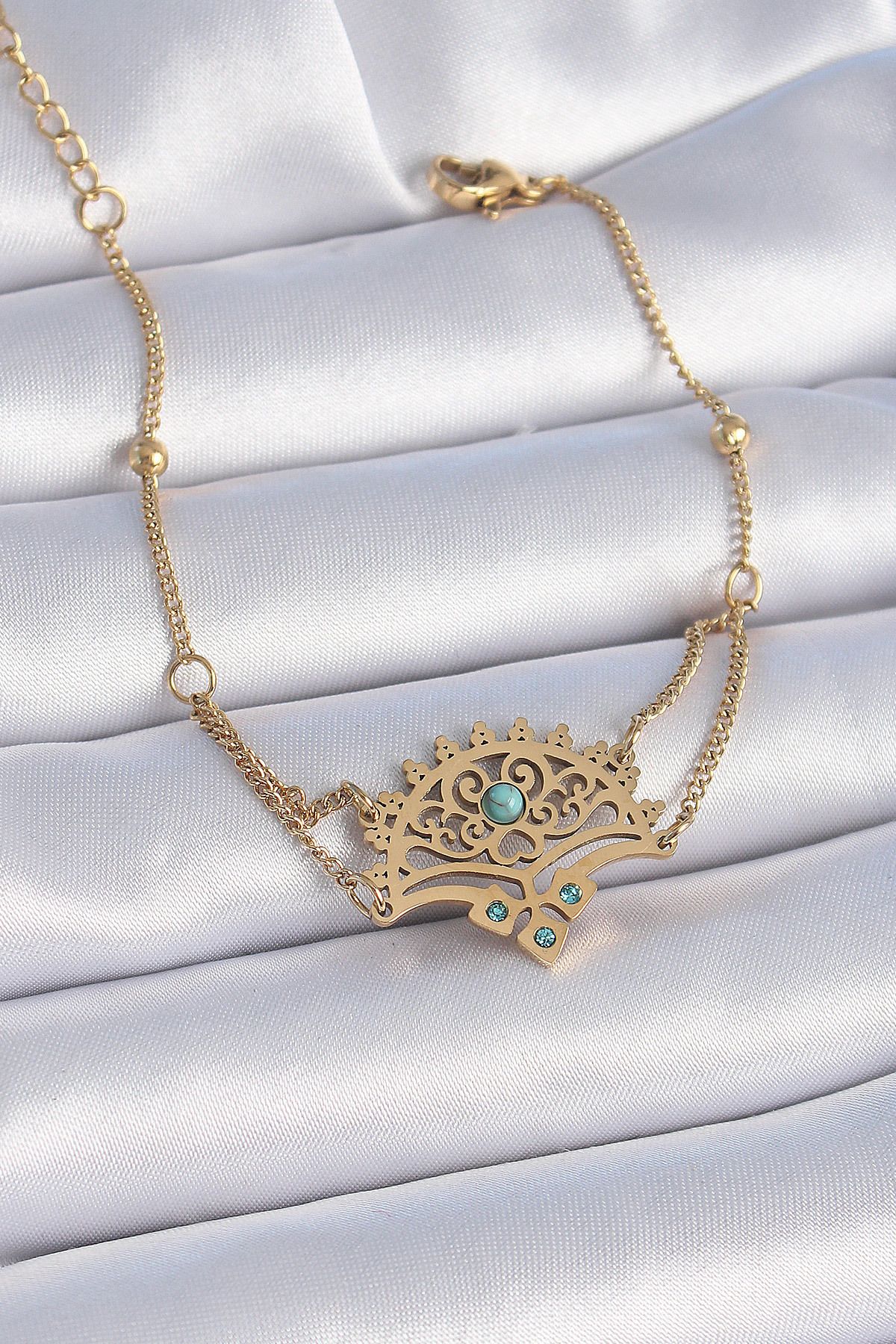 Evinso 316L Çelik Gold Renk Mavi Taşlı Etnik Desen Kadın Bileklik