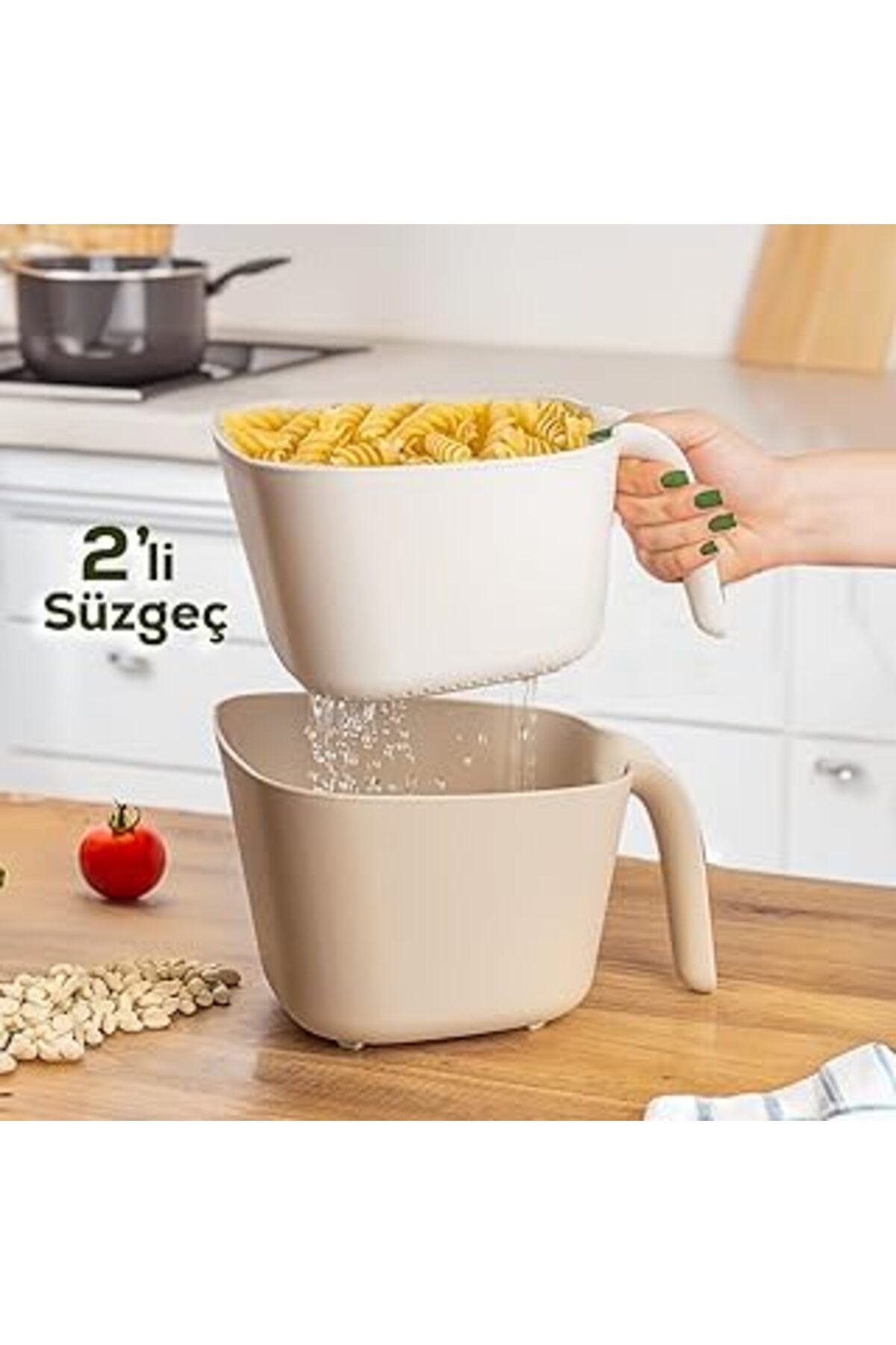 karadağsb Porsima G-576 2 Parça Plastik Süzgeç Çok Amaçlı Makarna Meyve Sebze Pirinç Yıkama Süzgeci Bej Beyaz