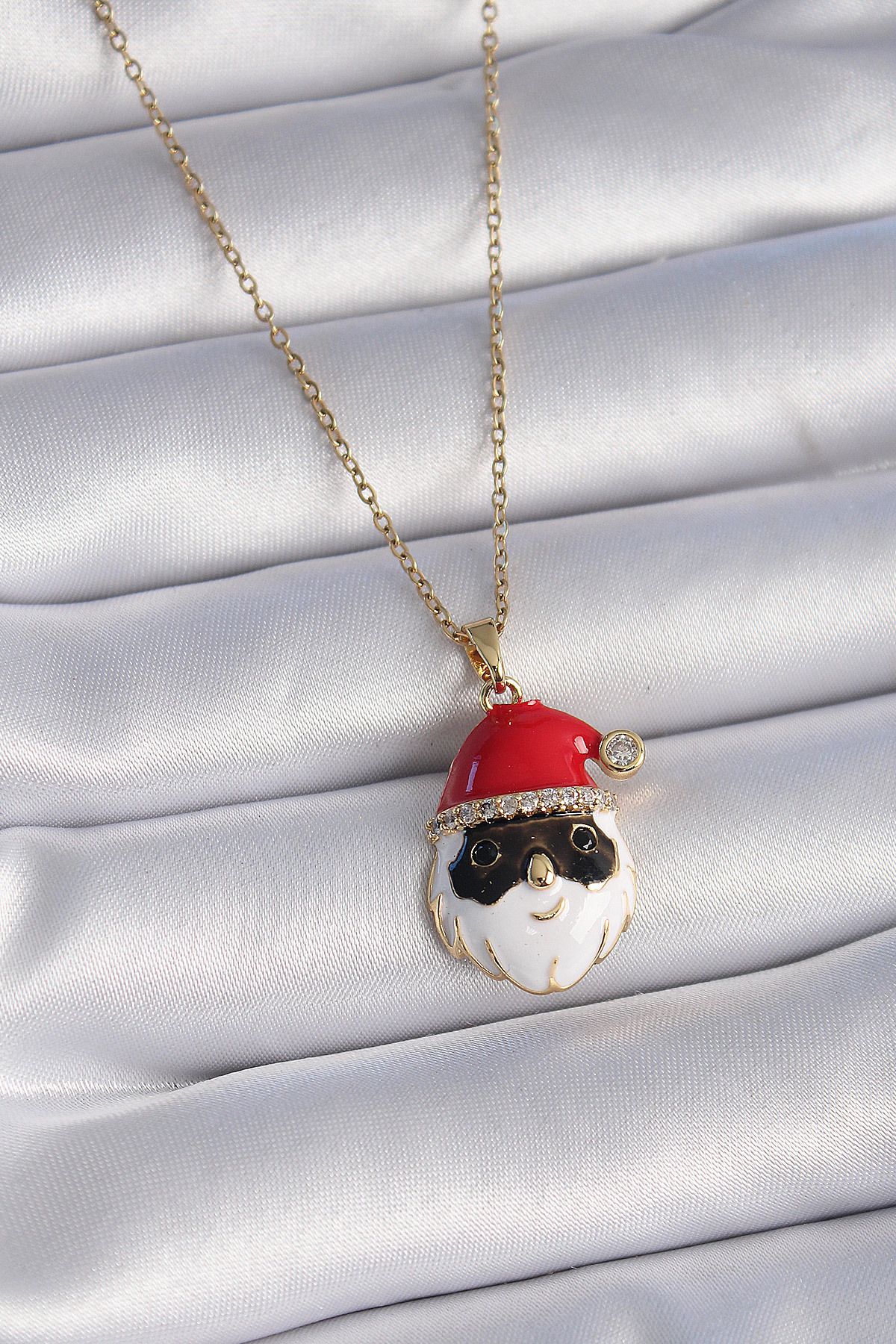 MMB Boutique 316L Çelik Gold Renk Zincir Zirkon Taşlı Yılbaşı Temalı Noel Baba Figür Kadın Kolye