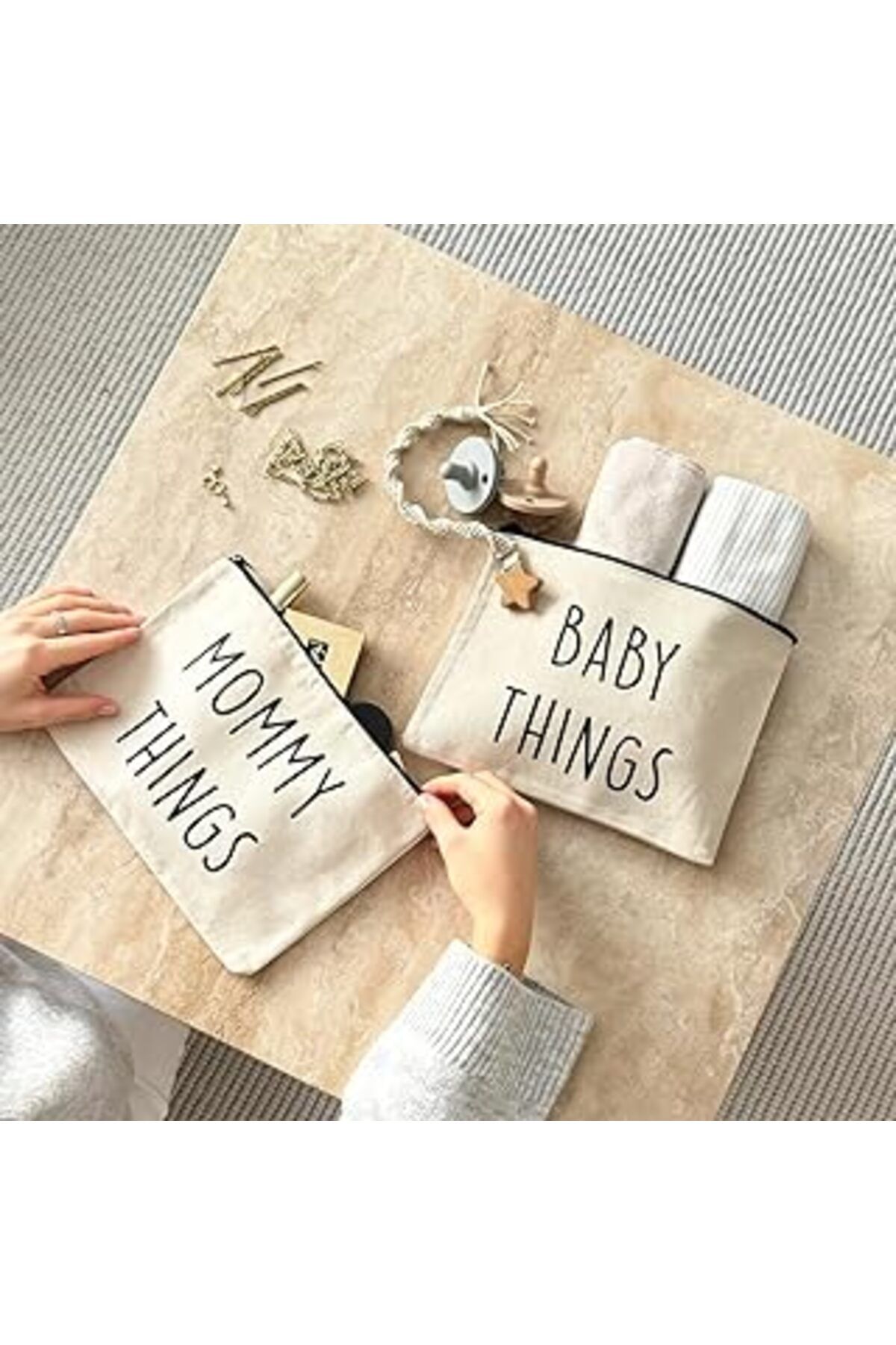 Mu Art Fufizu Anne Bebek Kanvas Çanta Seti - Clutch Seyahat Bakım Ve Makyaj Çantası - 2'li Mommy Baby Set