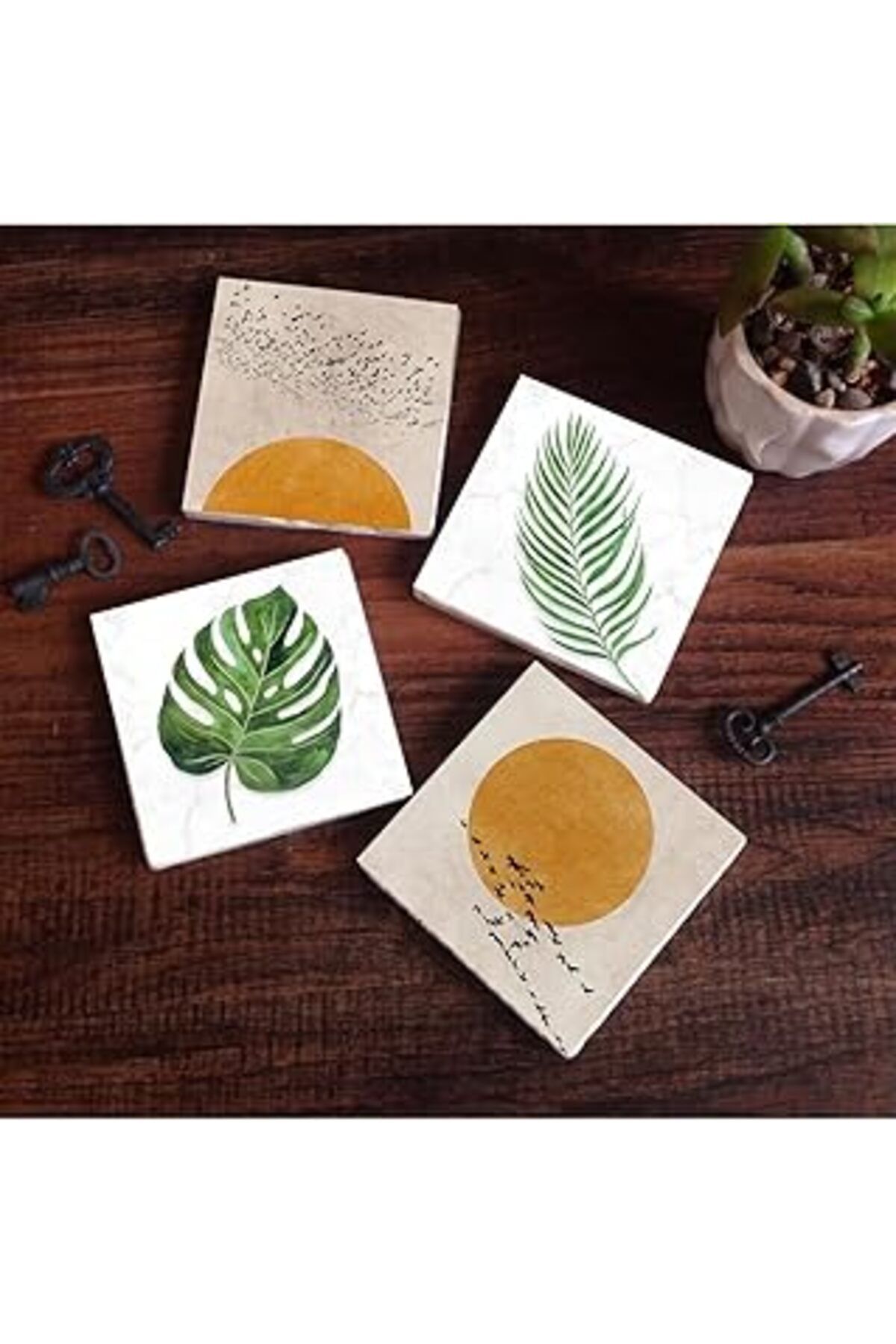 karadağsb Pinecone Minimalist, Yaprak Taş Bardak Altlığı Seti - 4 Parça - Dekoratif, Rustik Mutfak Aksesuarı,