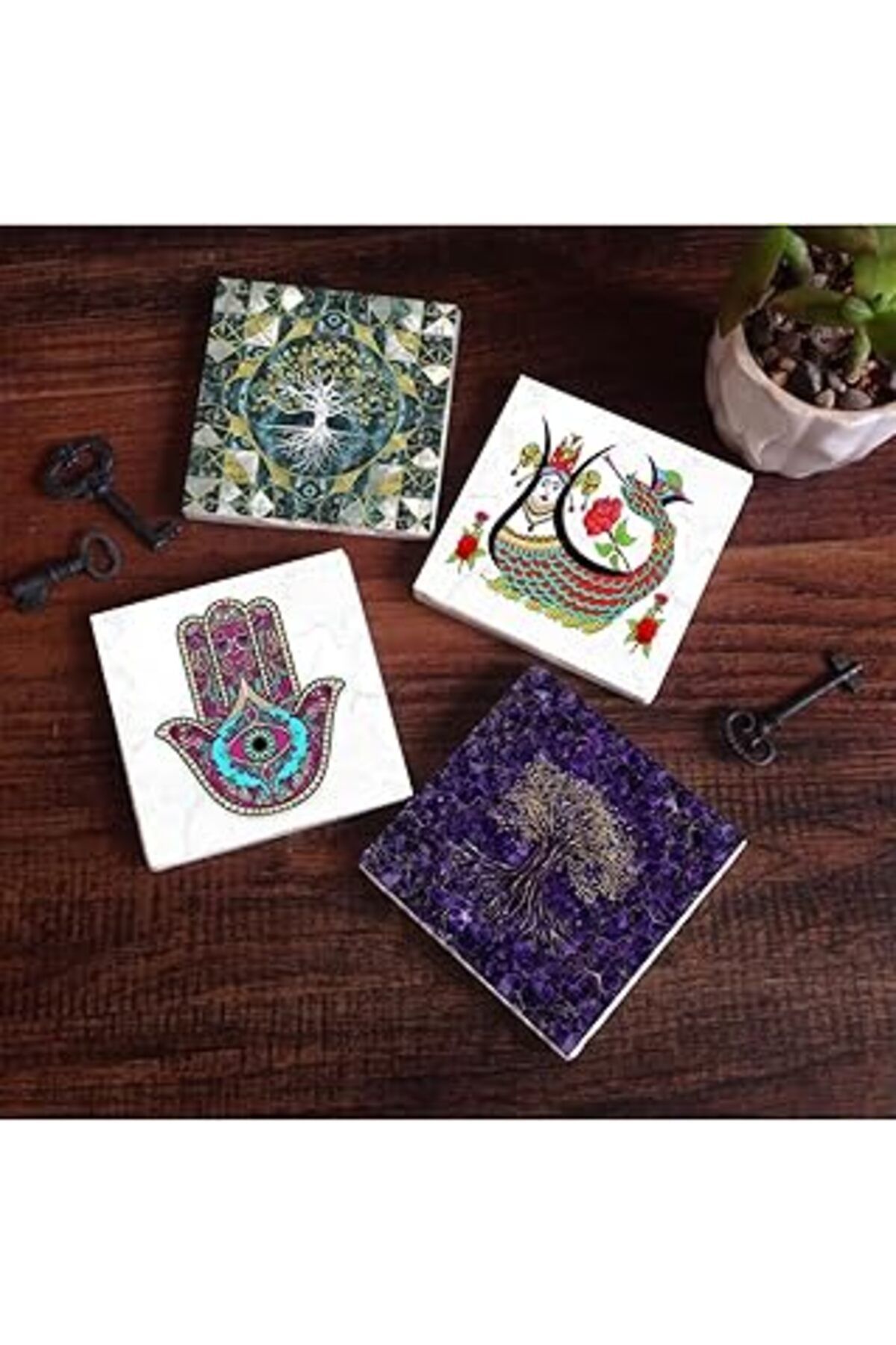 karadağsb Pinecone Hayat Ağacı, Fatma Ana Eli (Hamsa), Şahmeran Taş Bardak Altlığı Seti - 4 Parça - Dekoratif
