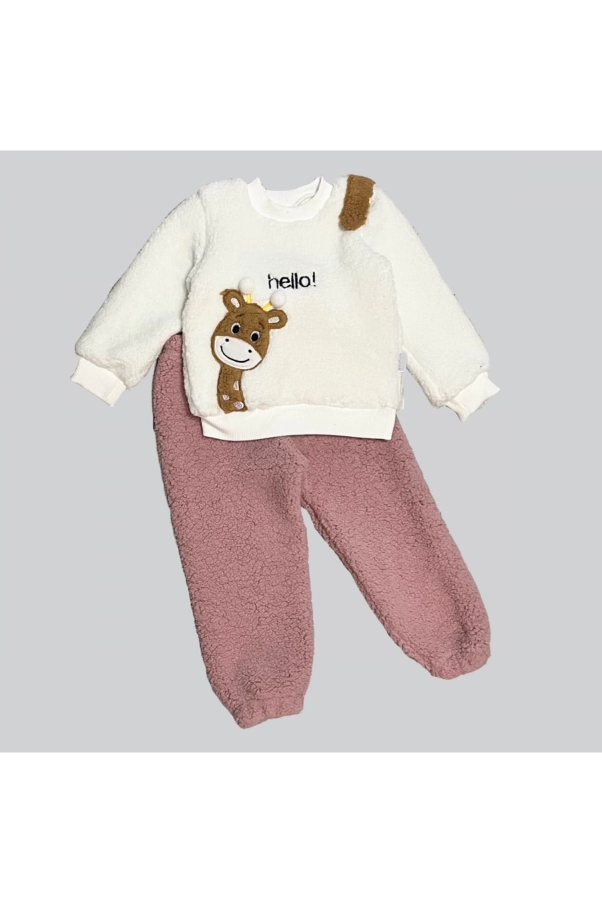 Diji Baby 1-2-3 Yaş Hello Zürafa Nakışlı Kuzu Kumaş Sweat Pantolon Uzun Kollu Kız Erkek 2 Li Takımı