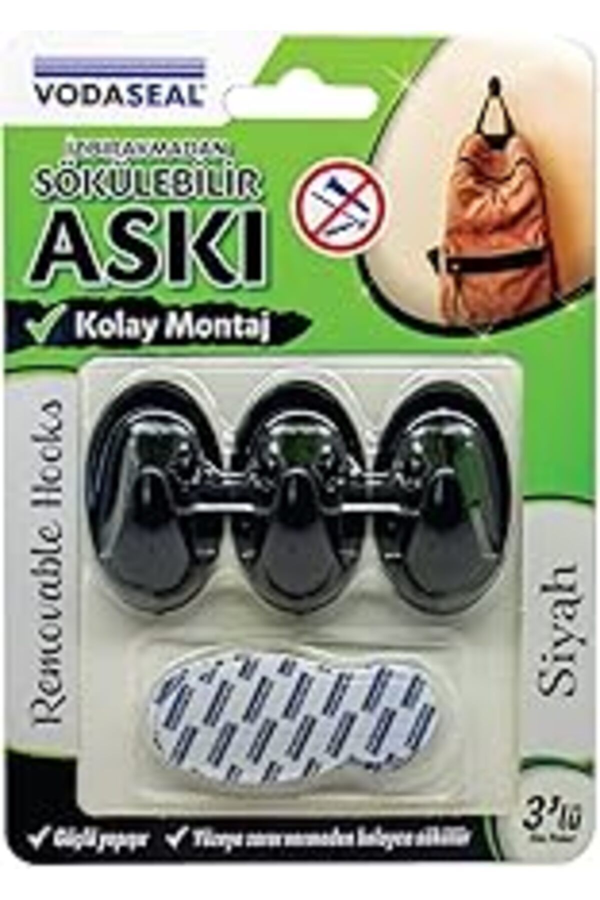 NZM TİCARET Vodaseal Siyah 3'Lü İz Bırakmayan Askı, Siyah