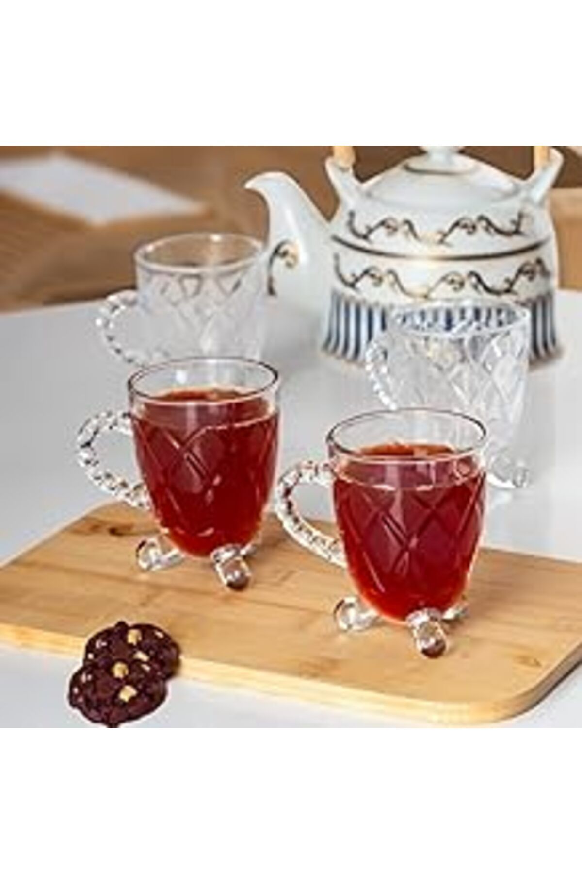 karadağsb -15720 Ayaklı Kulplu Desenli 4'Lü Cam Bardak - Kulplu Çay Kahve Bardağı - 200 Cc