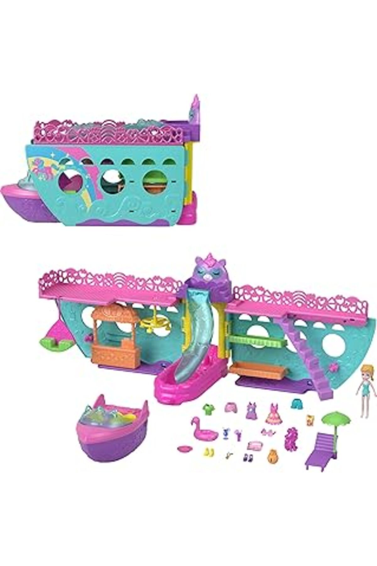 NZM TİCARET Polly Pocket Su Oyunu Ve Renk Değişimi Aksesuarlarıyla Taşınabilir Tekne Oyun Seti, Unicorn Dream C
