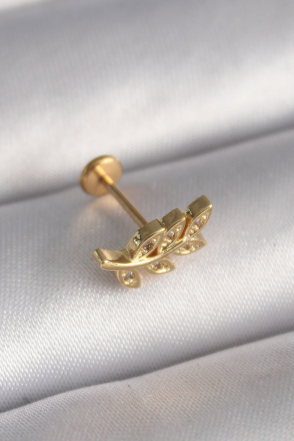 robotrend 316L Çelik Gold Renk Zirkon Taş Detaylı Yaprak Model Tragus Piercing