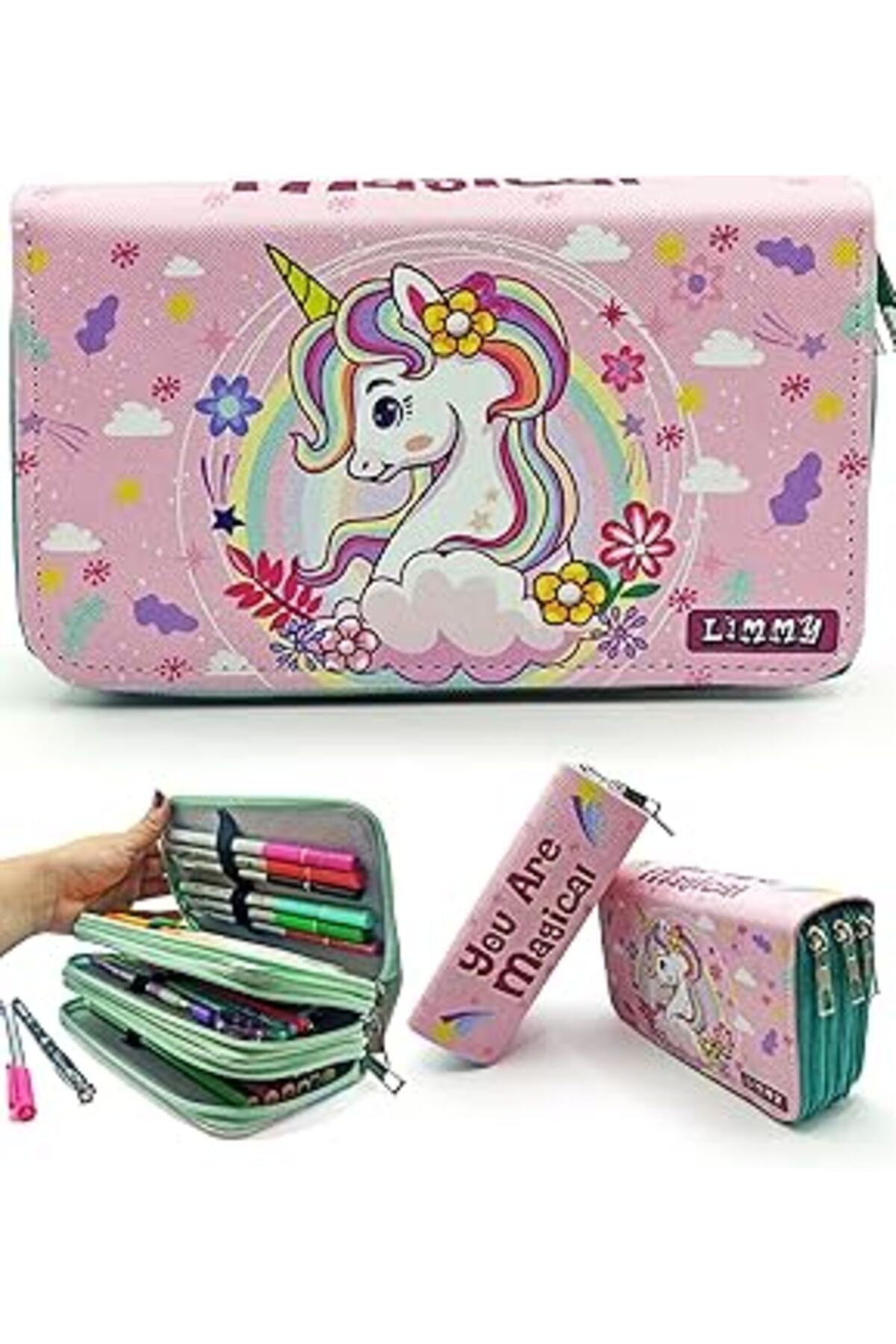 NZM TİCARET Limmy Kalem Kutusu Unicorn Bahar Temalı Kawai Organizer Kalemkutu Vegan Deri Üç Bölmeli Kalemlik- Y