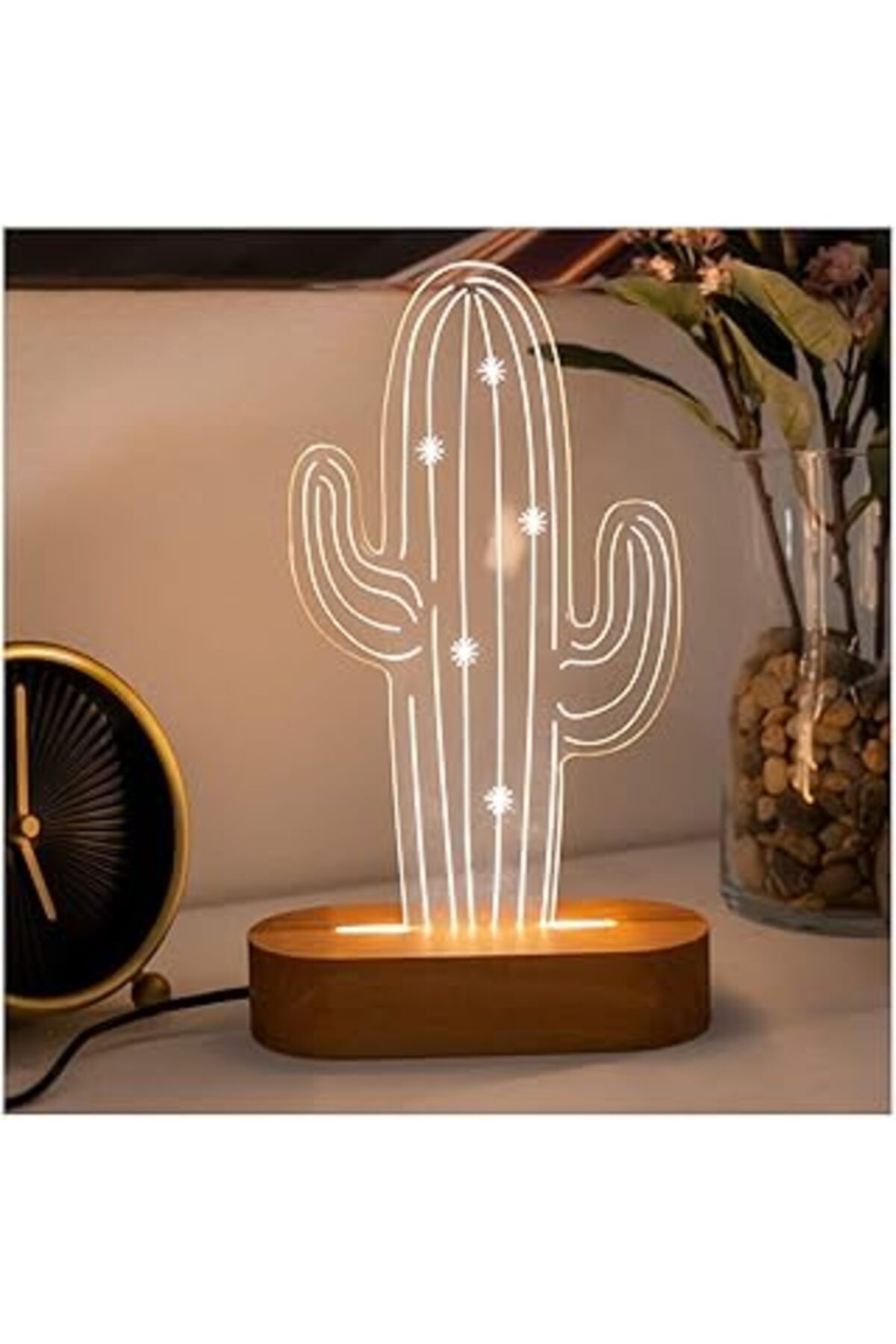 karadağsb Çöl Kaktüsü Tasarımlı 3D Led Lamba Usb Bağlantılı Sarı Işık