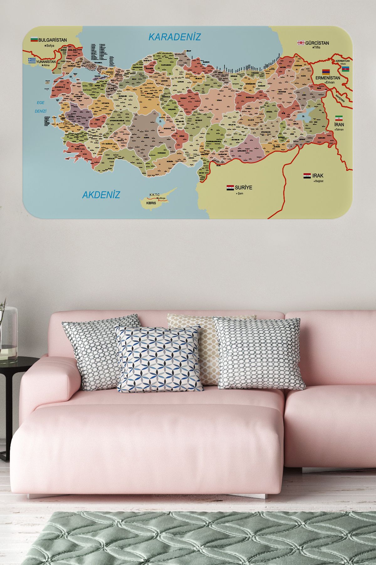 Haye Collection Eğitici ve Öğretici Detaylı Komşulu Türkiye Haritası Duvar Sticker-60x105-3846