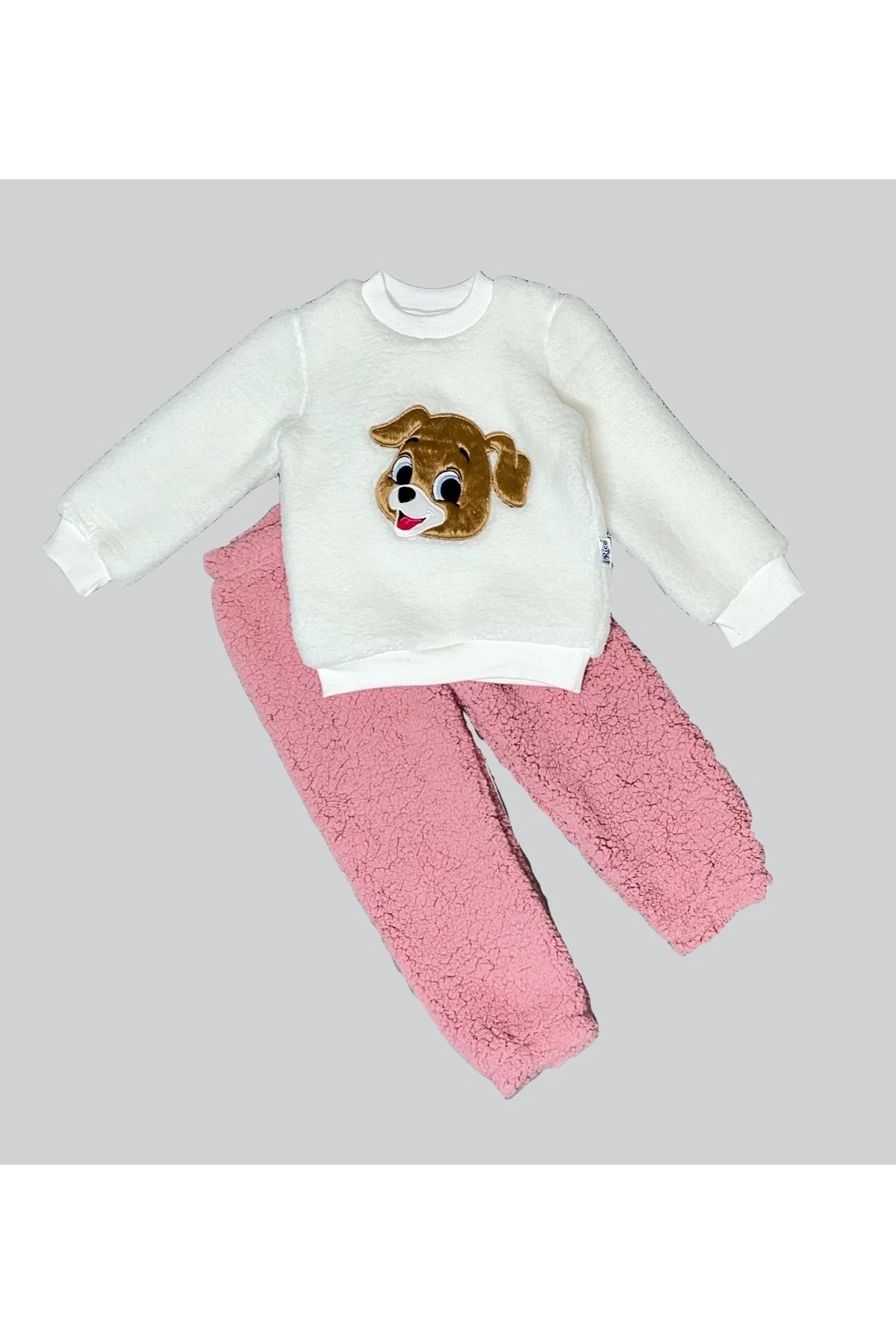 Diji Baby 1-2-3 Yaş Mutlu Köpekcik Nakışlı Kuzu Kumaş Sweat Patili Pantolon Uzun Kollu Kız Erkek 2 Li Takımı