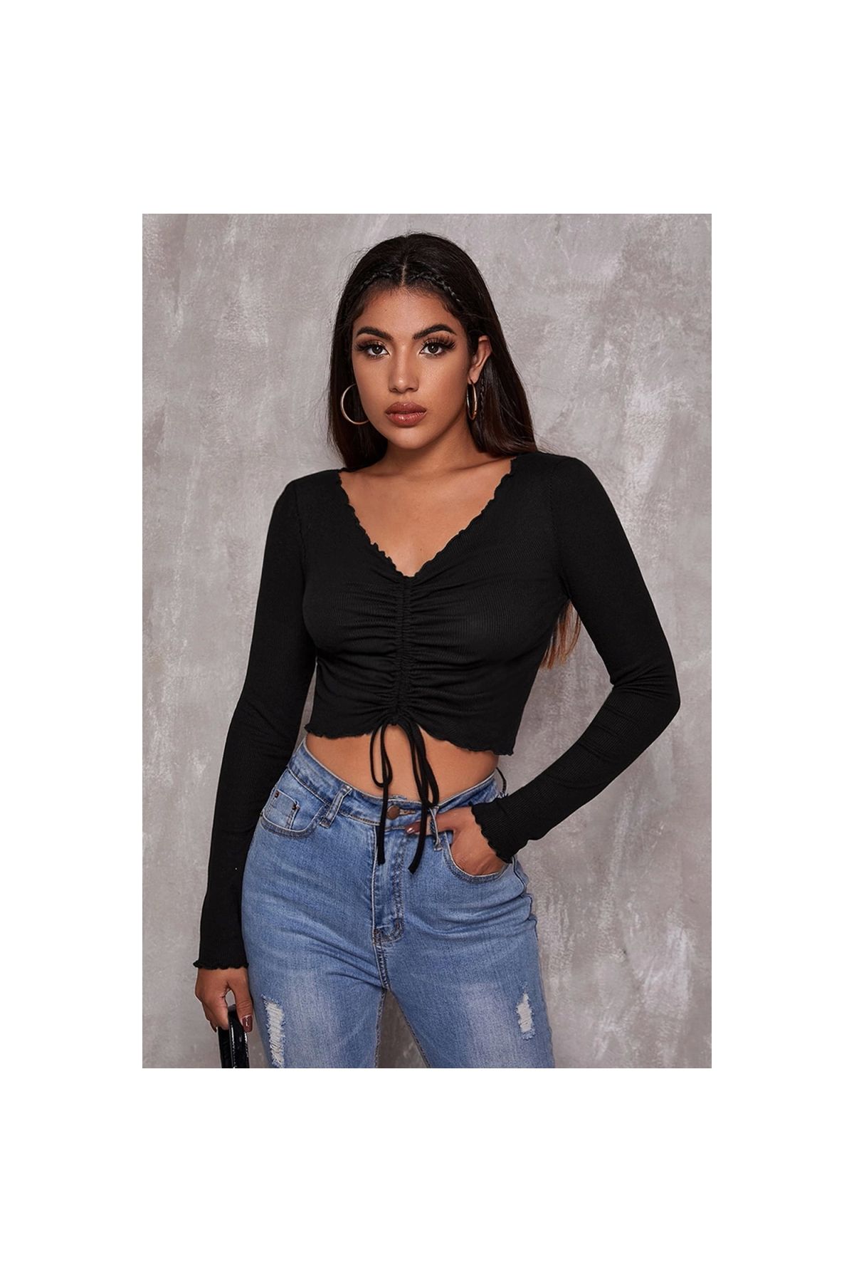 Marsilyan - Kadın Siyah Uzun Kollu Büzdürme Bağcık Detaylı Crop Top Bluz