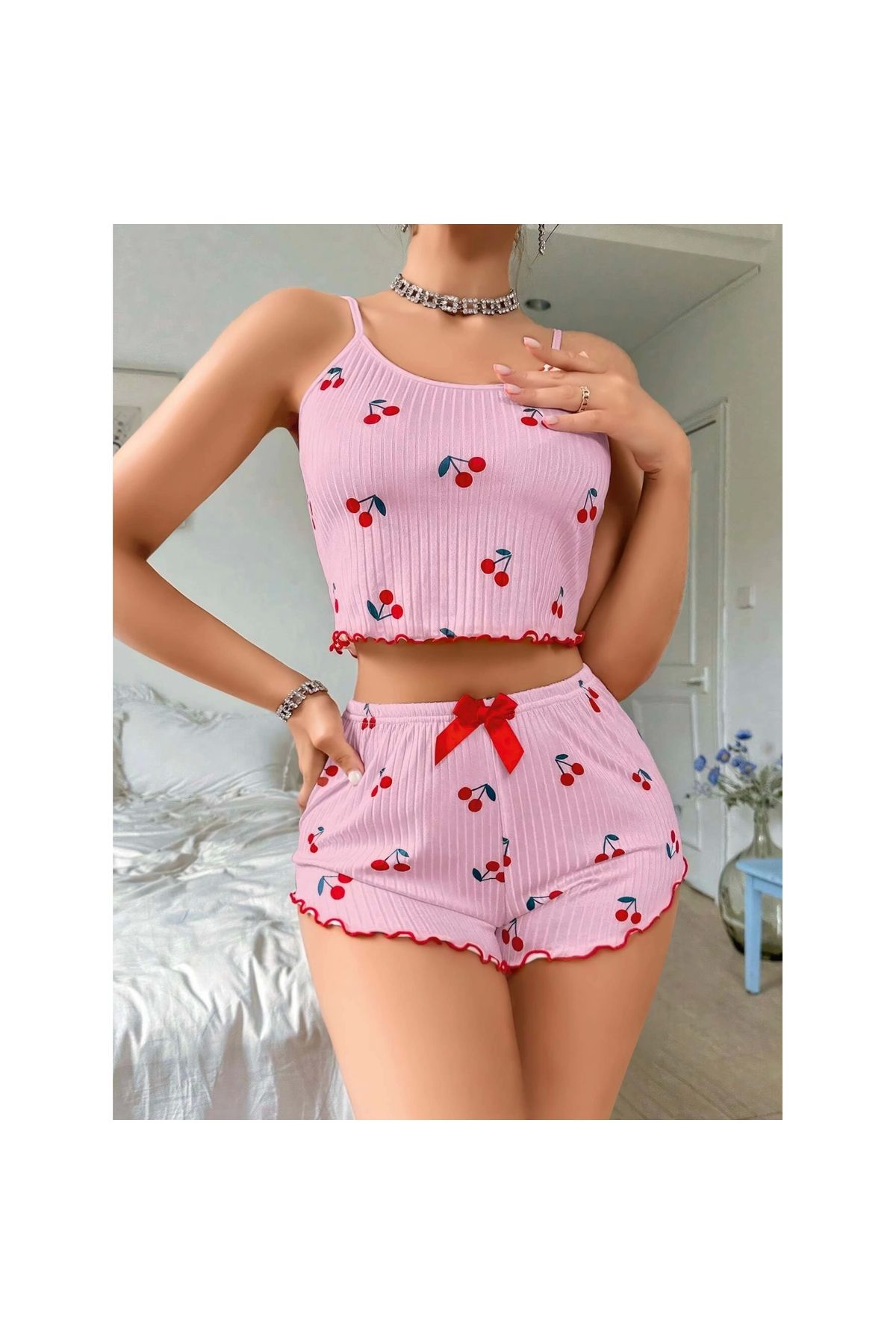 Marsilyan Kadın Pembe Kiraz Desenli Askılı Şortlu Pijama Takım