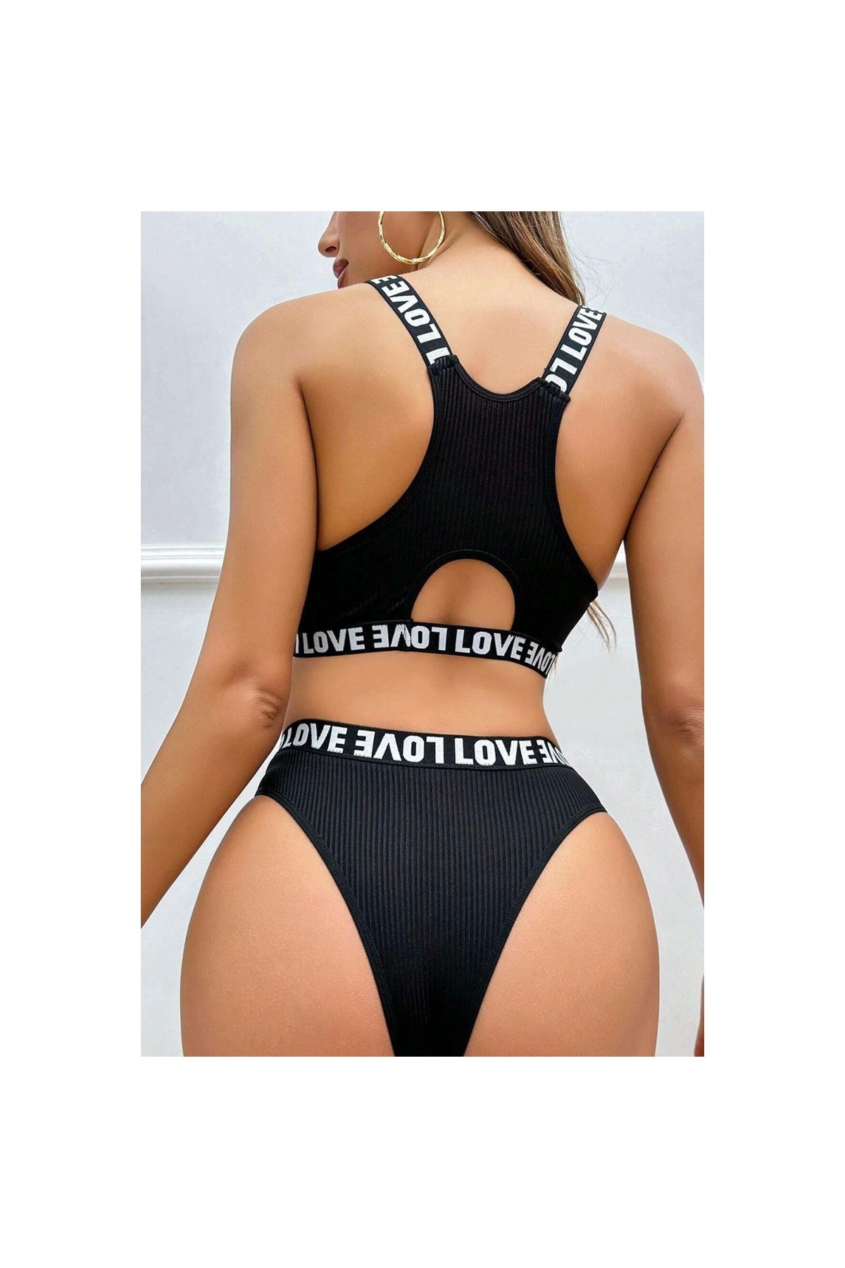 Marsilyan - Kadın Siyah Çapraz Sırt ve Love Lastik Detaylı Sütyen Külot Takım