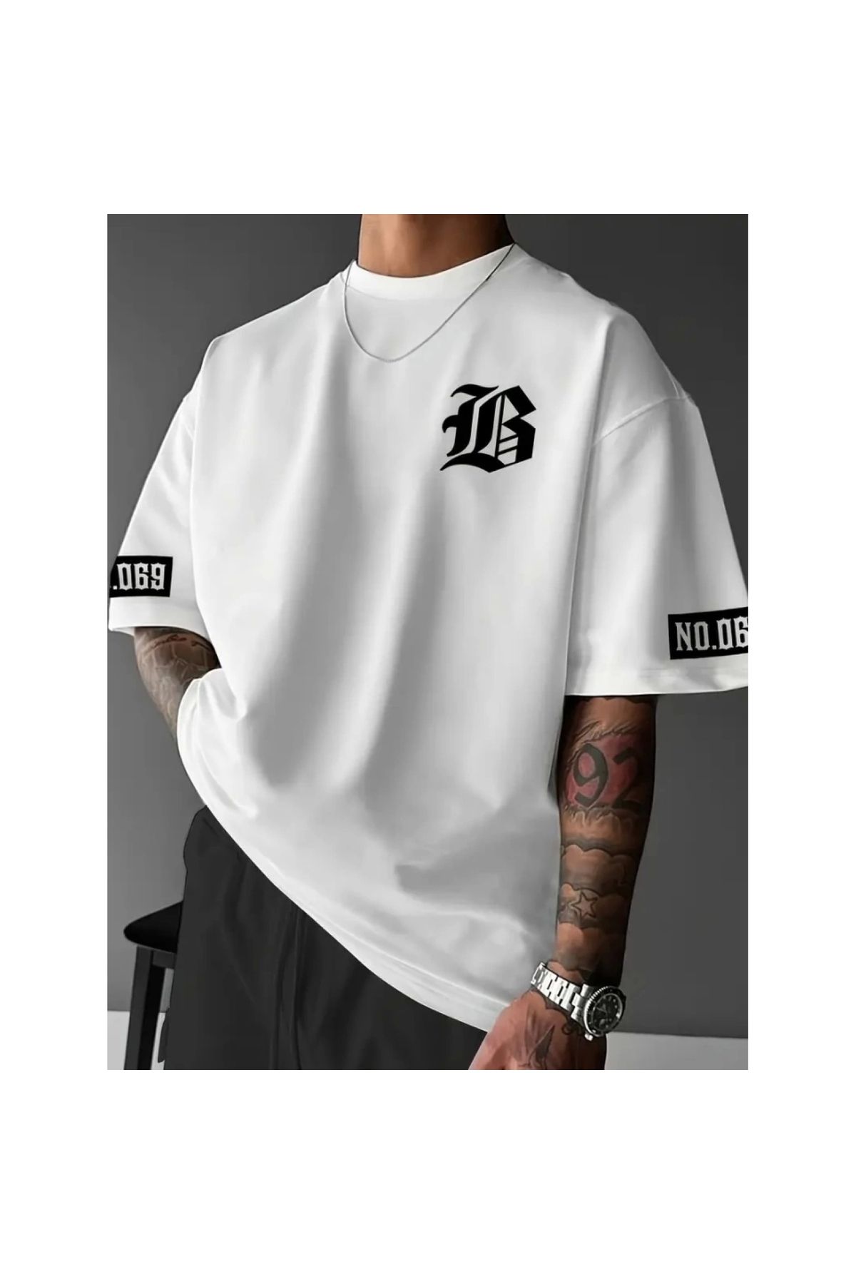 Marsilyan - Baskılı Oversize Bisiklet Yaka Tshirt