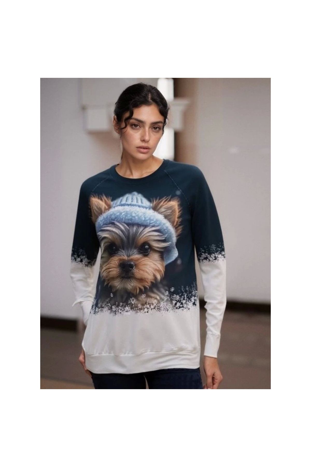 Marsilyan - Kadın Uzun Kollu Bisiklet Yaka Köpek Baskılı şardonlu Dalgıç Bluz