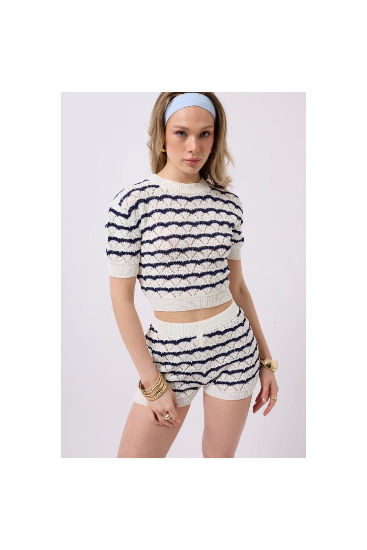 Marsilyan - Örgü Detay Çizgili Crop Bluz