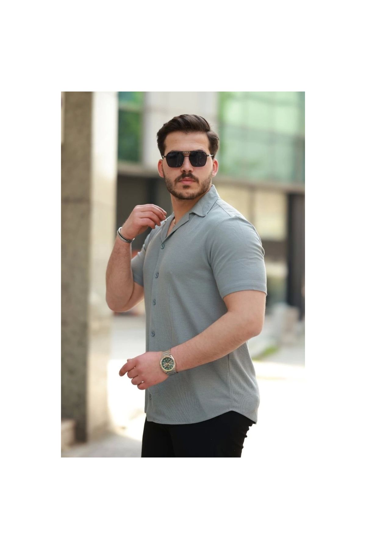 Marsilyan - Erkek Apaç Yaka örme Kumaş Kısa Kollu Gömlek