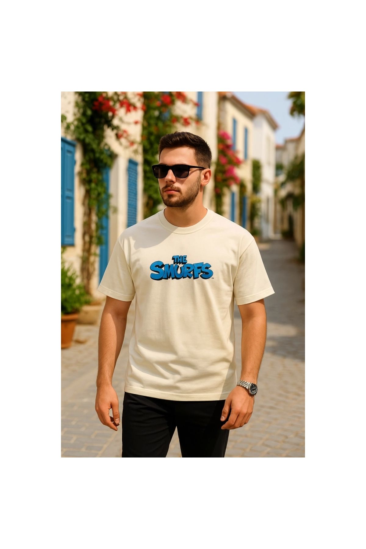 Marsilyan - Ön Ve Arka Baskılı Oversize Bisiklet Yaka Tshirt