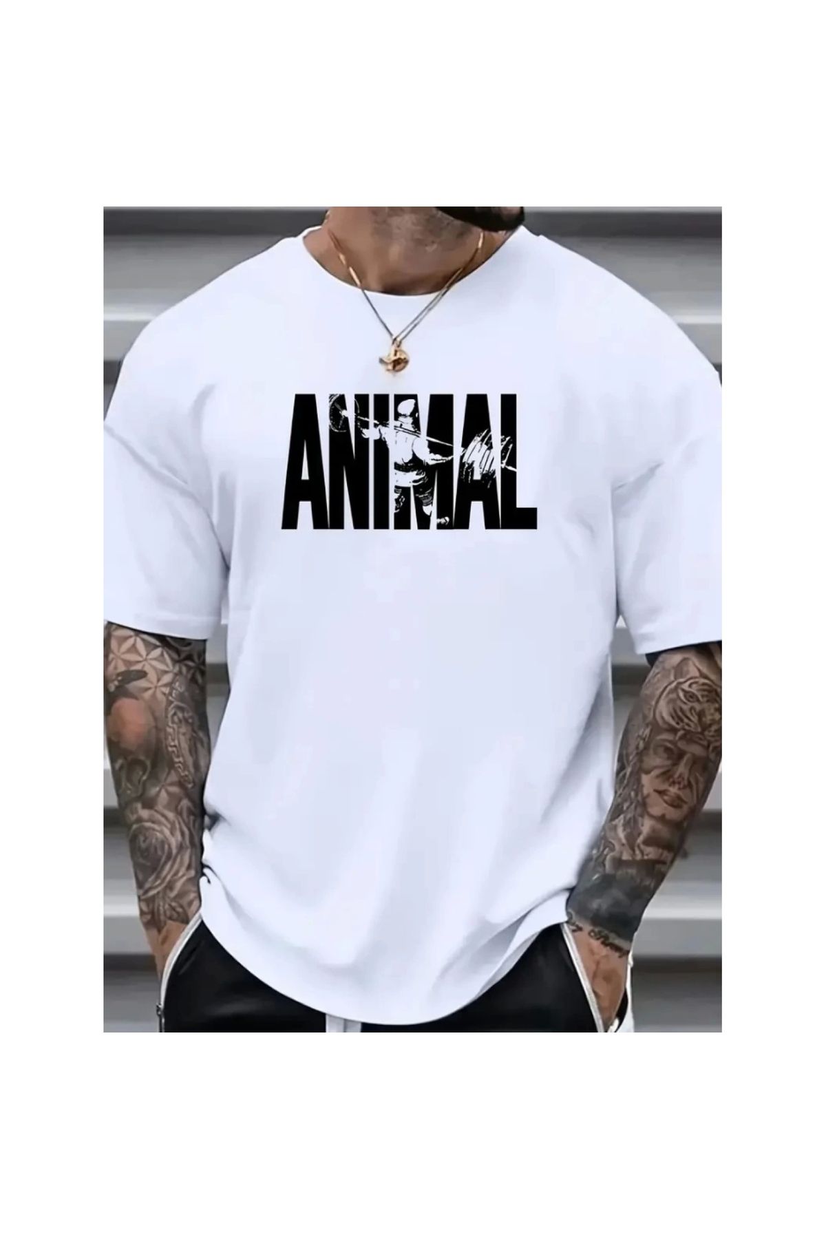 Marsilyan - Baskılı Oversize Bisiklet Yaka Tshirt Beyaz