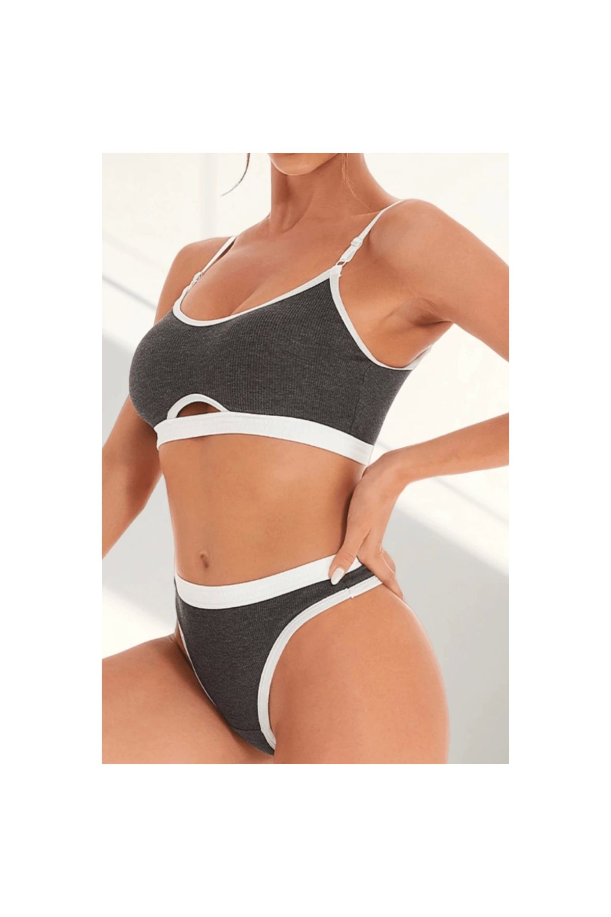 Marsilyan - Kadın Gri Antrasit Kaşkorse ve Beyaz Lastikli Cut-Out Tanga Külotlu Takım