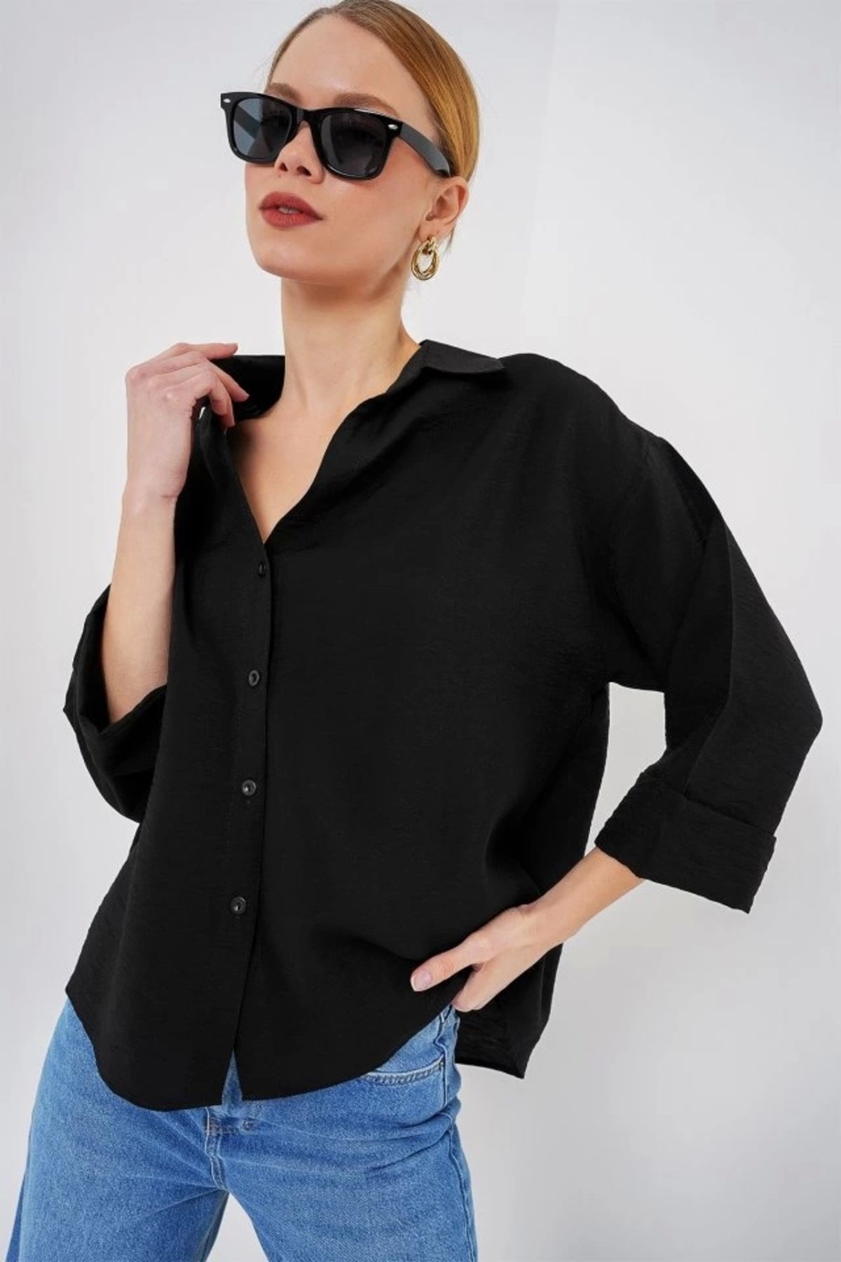 Butik Oversize Kısa Kol Gömlek 20315 - Siyah