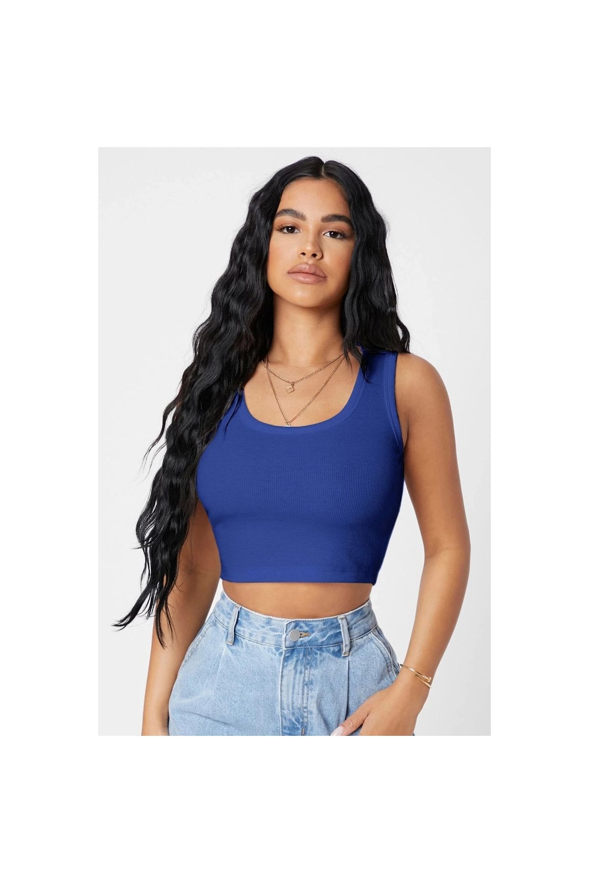 Marsilyan - Kadın Lacivert Kare Yaka Crop Top Bluz