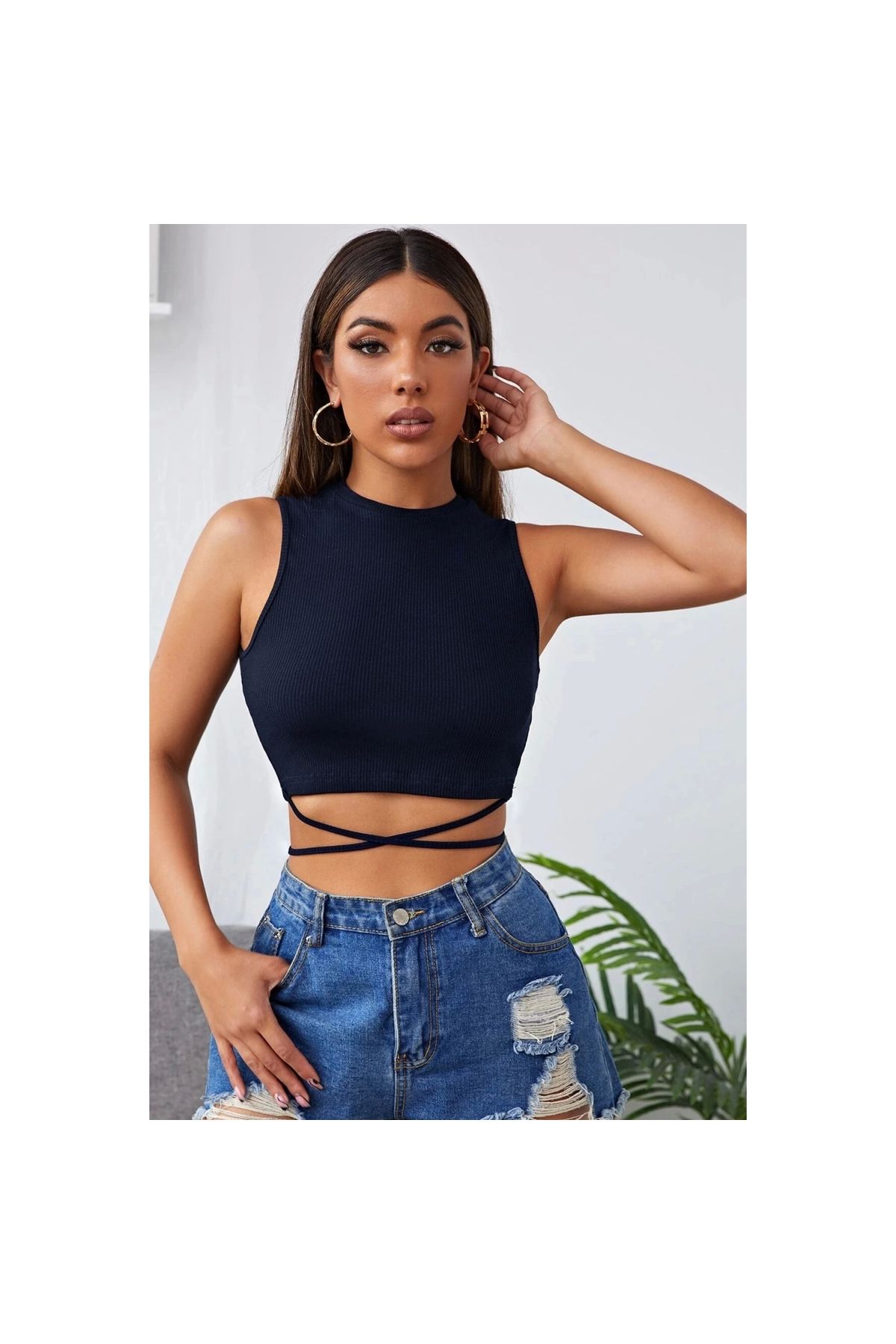 Marsilyan - Kadın Lacivert Çapraz Bağlamalı Crop Top Büstiyer