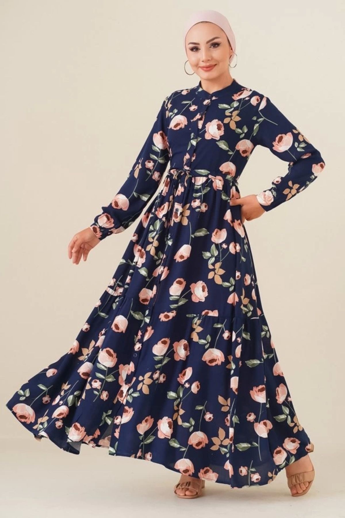 Butik 2144 Hakim Yaka Tesettür Elbise - D.Lacivert