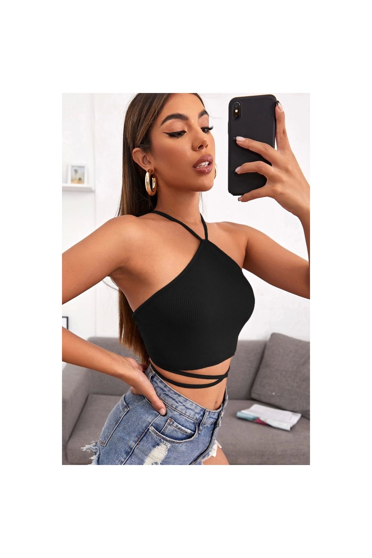 Marsilyan - Kadın Siyah Sırtı Açık Boyundan Çapraz Bağlamalı Crop Top Bluz